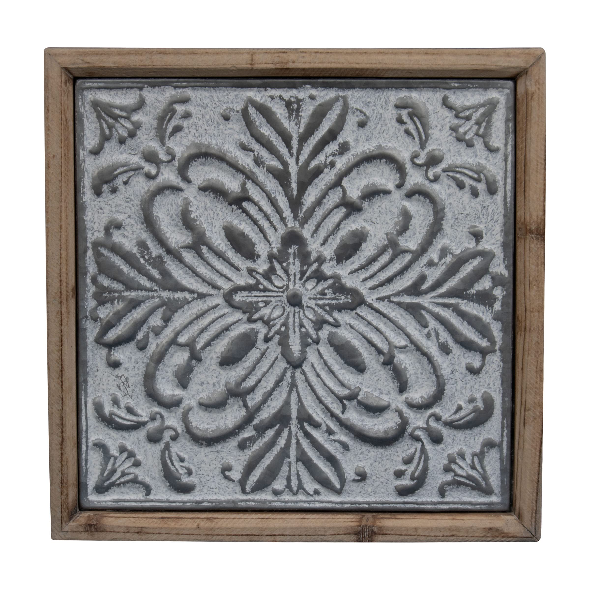 Foreside Whitewashed Tin Tile Wall Decor with Wood Frame - Rustic Farmhouse Home & Garden Decoration for Living Room, Kitchen, or Bedroom