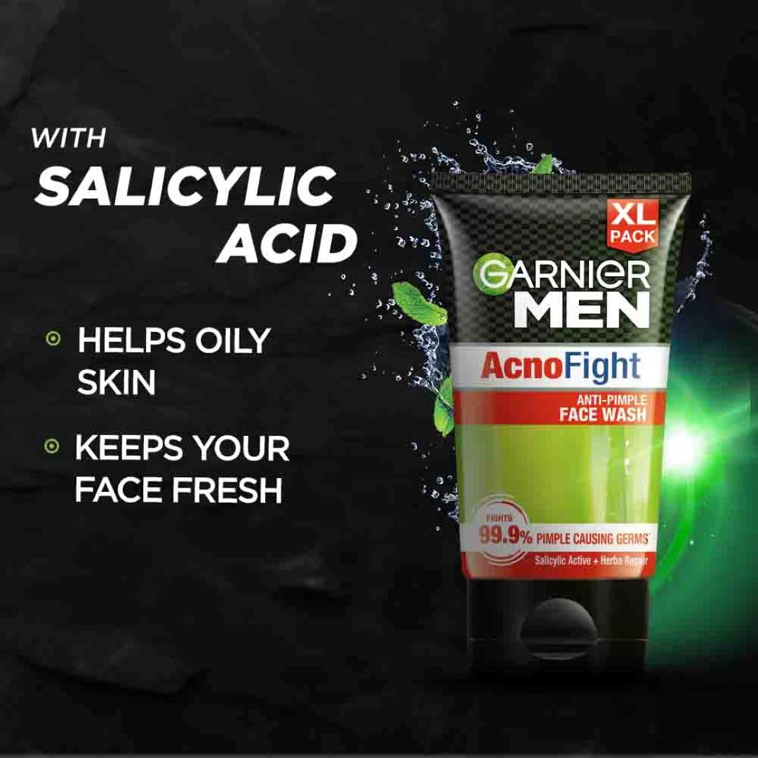 Garnier Men Acno Fight Anti Pimple Face Wash with Salicylic Acid & Herba Repair - 150g Oil-Free Cleanser for Acne-Prone Skin | Daily Use for Clear, Healthy Skin at Home or Gym