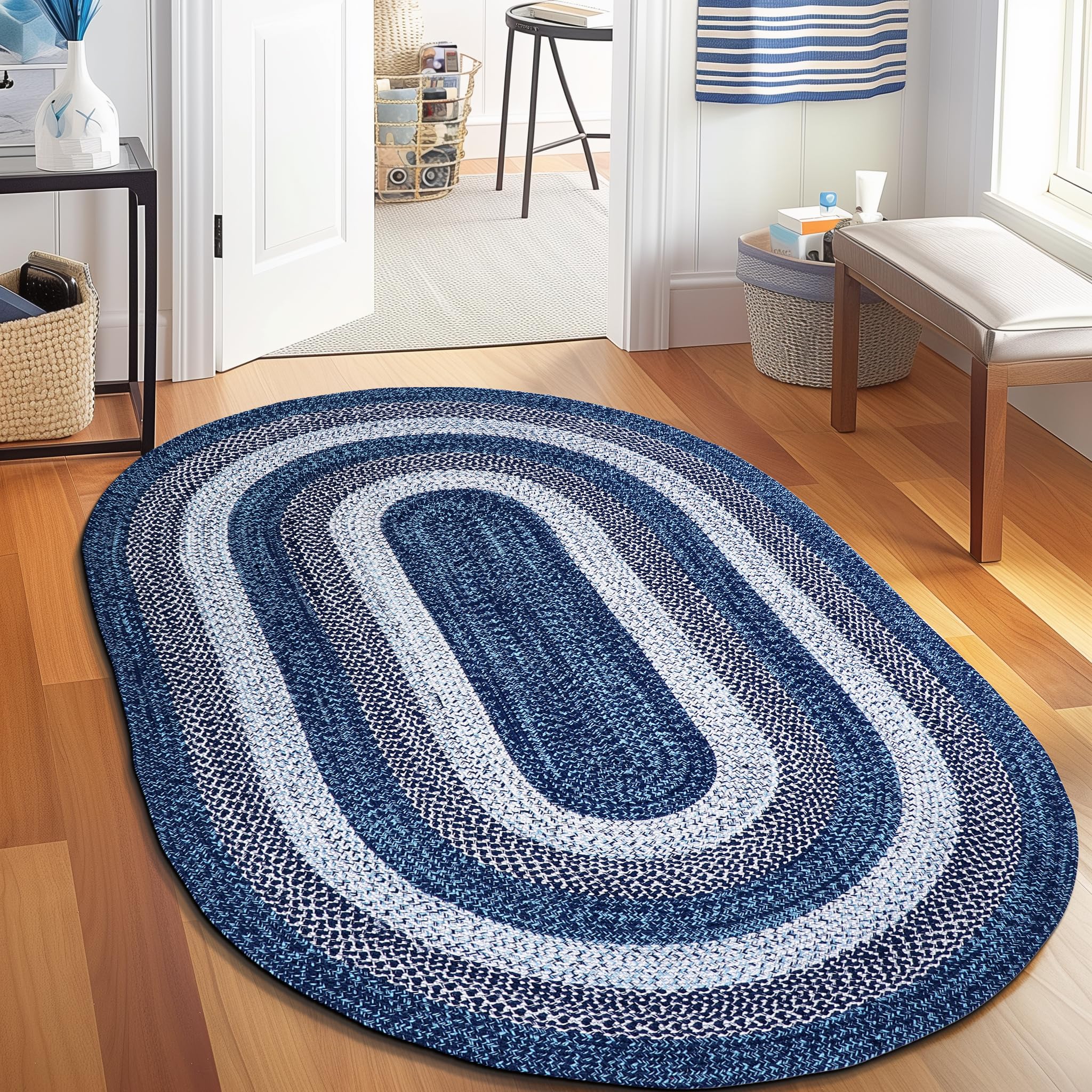 Washable Braided Oval Rug 4' x 6' - Rustic Aqua Blue/White/Black - Kitchen, Dining Room, Patio & Porch Floor Mat - Non-Slip Indoor Outdoor Area Rug for Home Decor