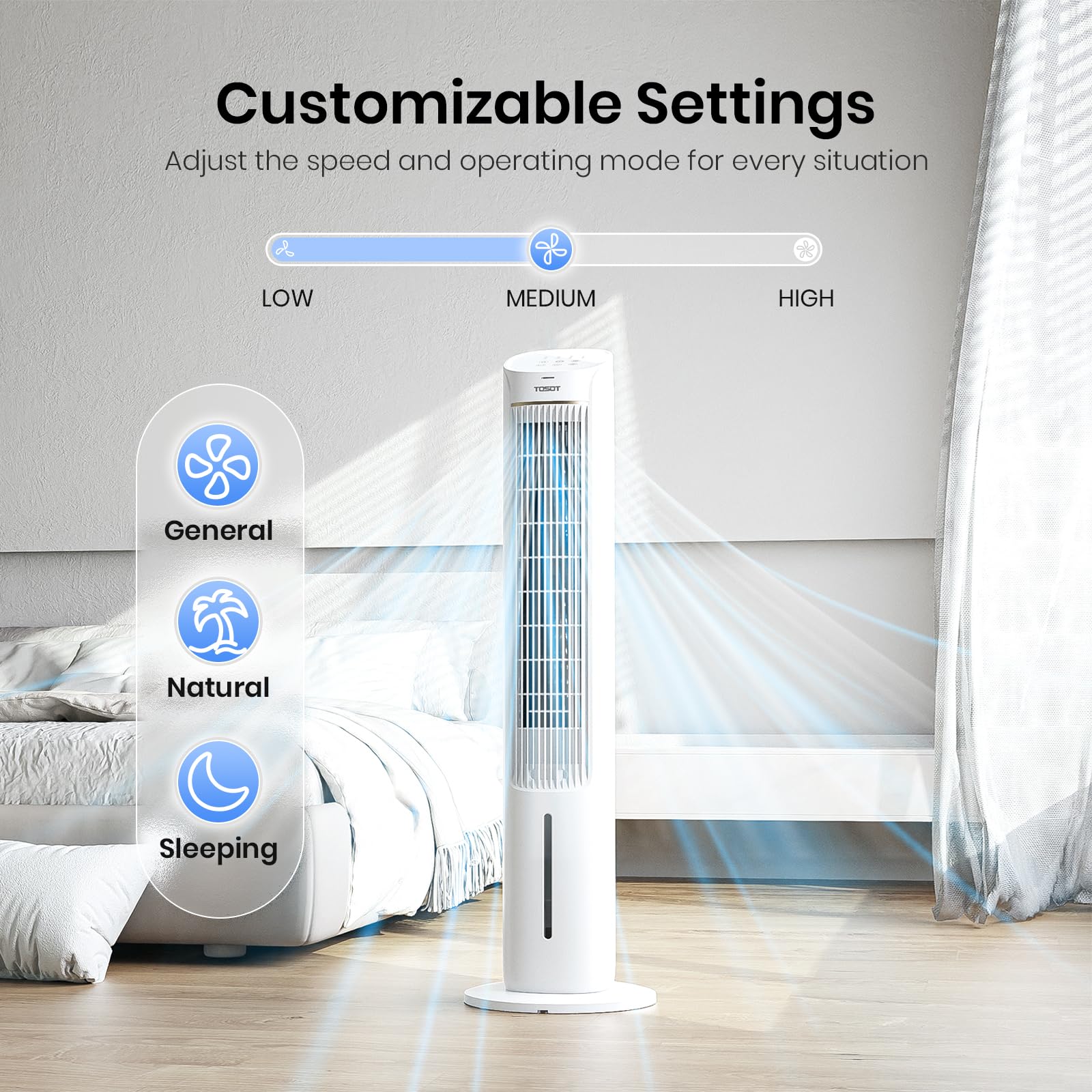 TOSOT 80° Oscillating Tower Fan with Remote Control - 3 Speed Quiet Cooling Fan, 360m³/h CFM, 7-Hour Timer & 4L Removable Water Tank Humidifier - Includes 2 Ice Packs for Extra Cooling - Perfect for Bedroom, Living Room & Office Use