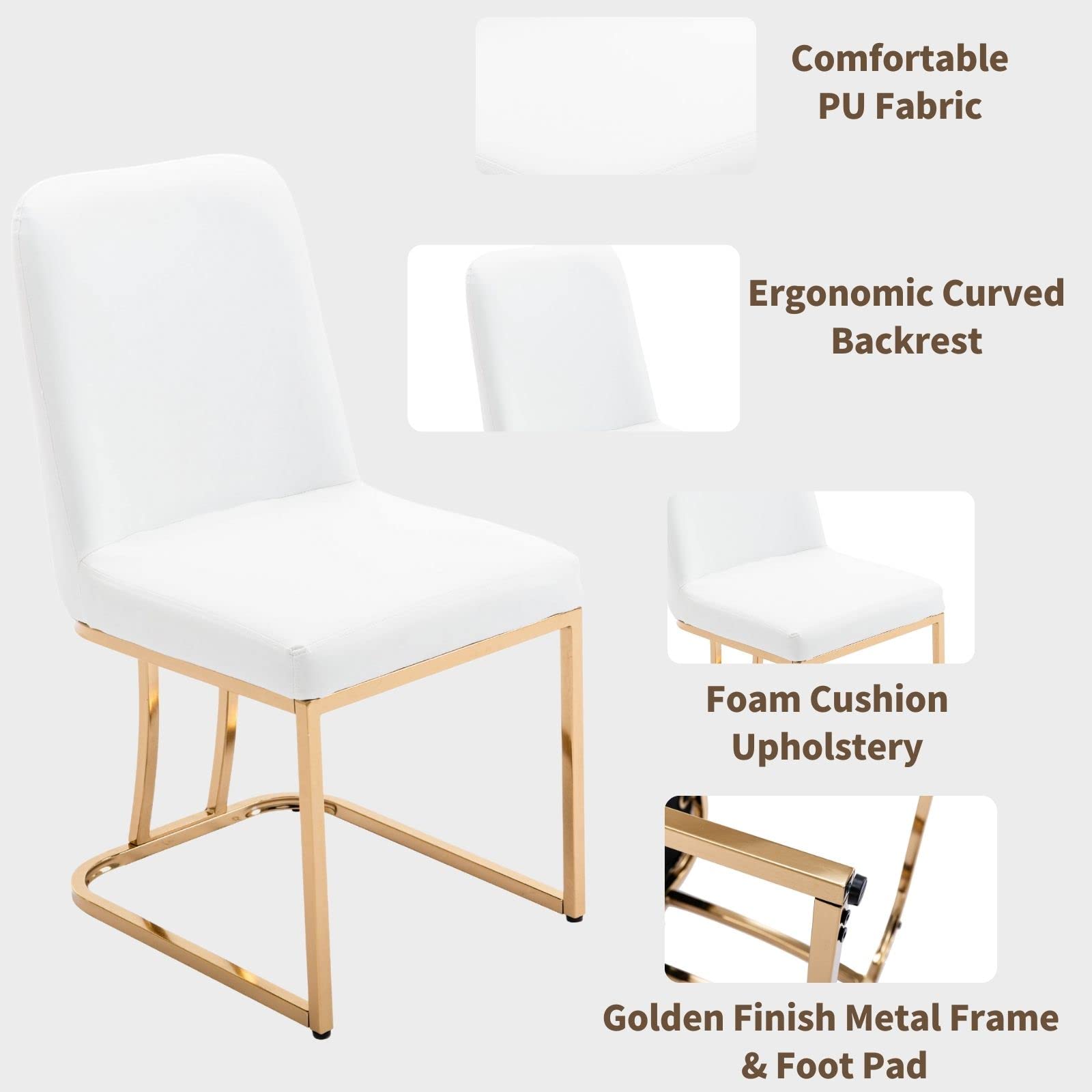 Mid Century Modern Dining Chairs Set of 2 - PU Leather Upholstered Armless Kitchen Chairs with Gold Metal Legs, 17.7