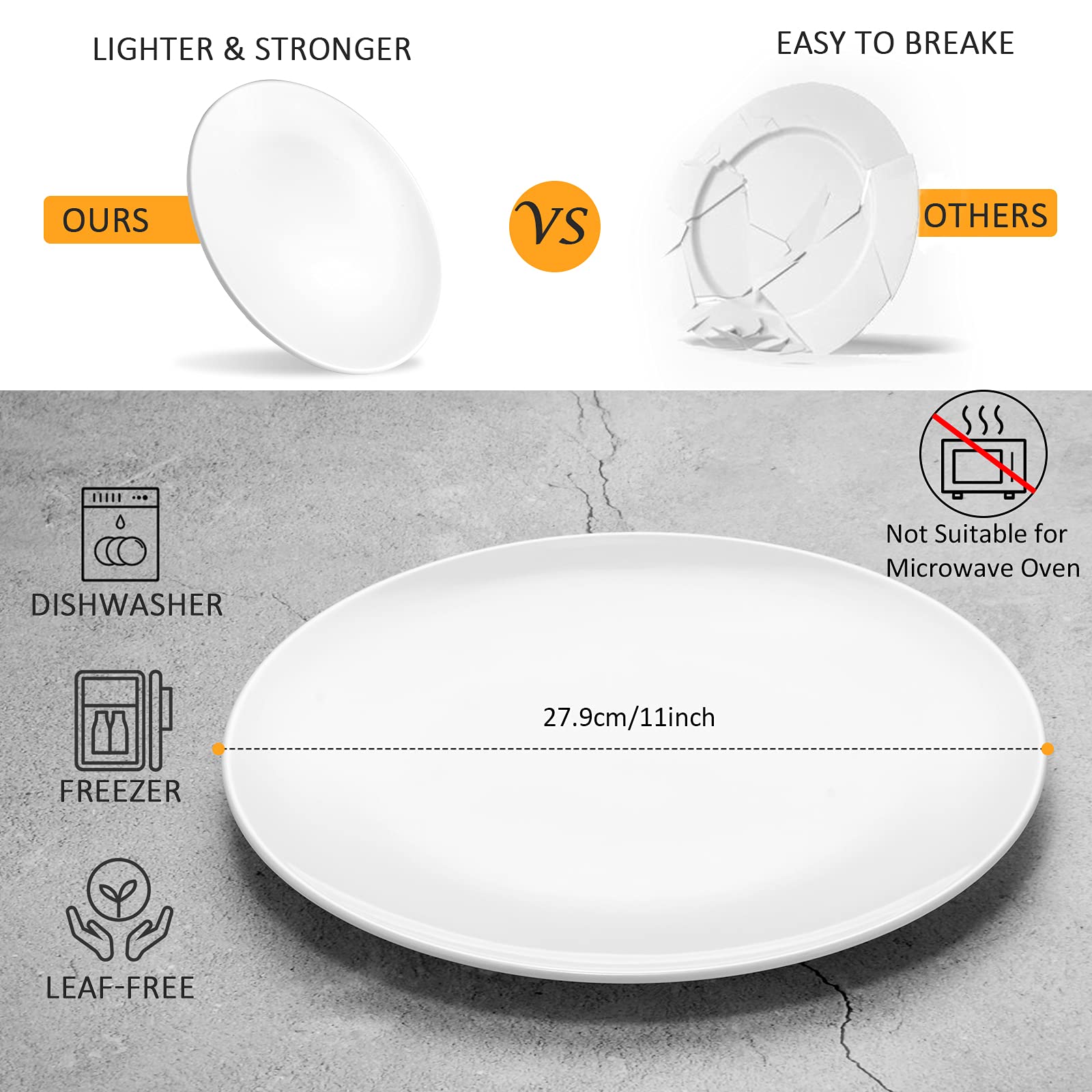 Premium 11-Inch White Melamine Dinner Plates - Set of 6, Durable & Dishwasher Safe Round Deep Plates for Restaurant, Home, Party & Outdoor Use - PYW-11-06