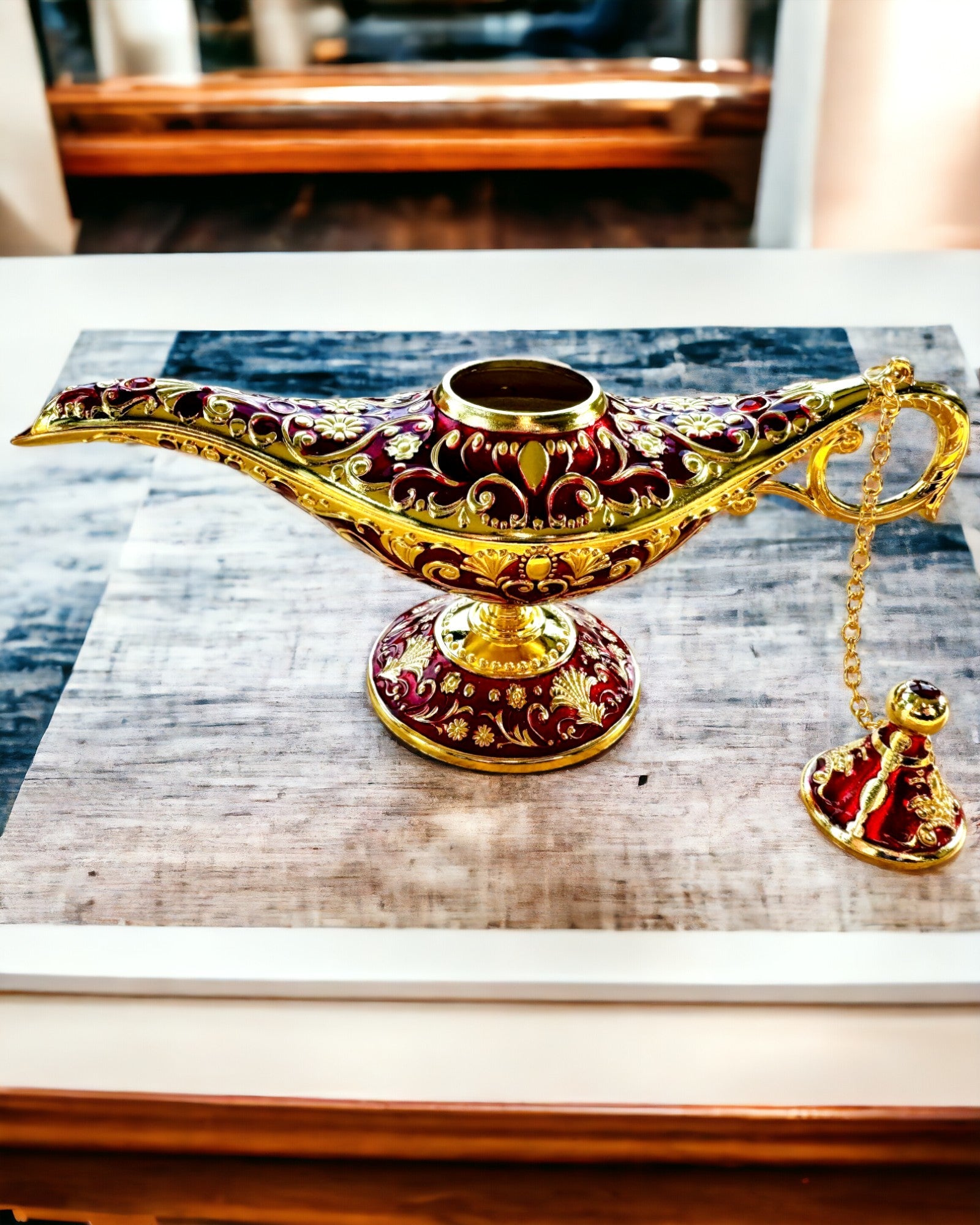 Custom Engraved Magic Aladdin Lamp - Burgundy & Gold Finish | Perfect for Home Decor, Arabian Nights Theme Parties & Unique Gift Ideas