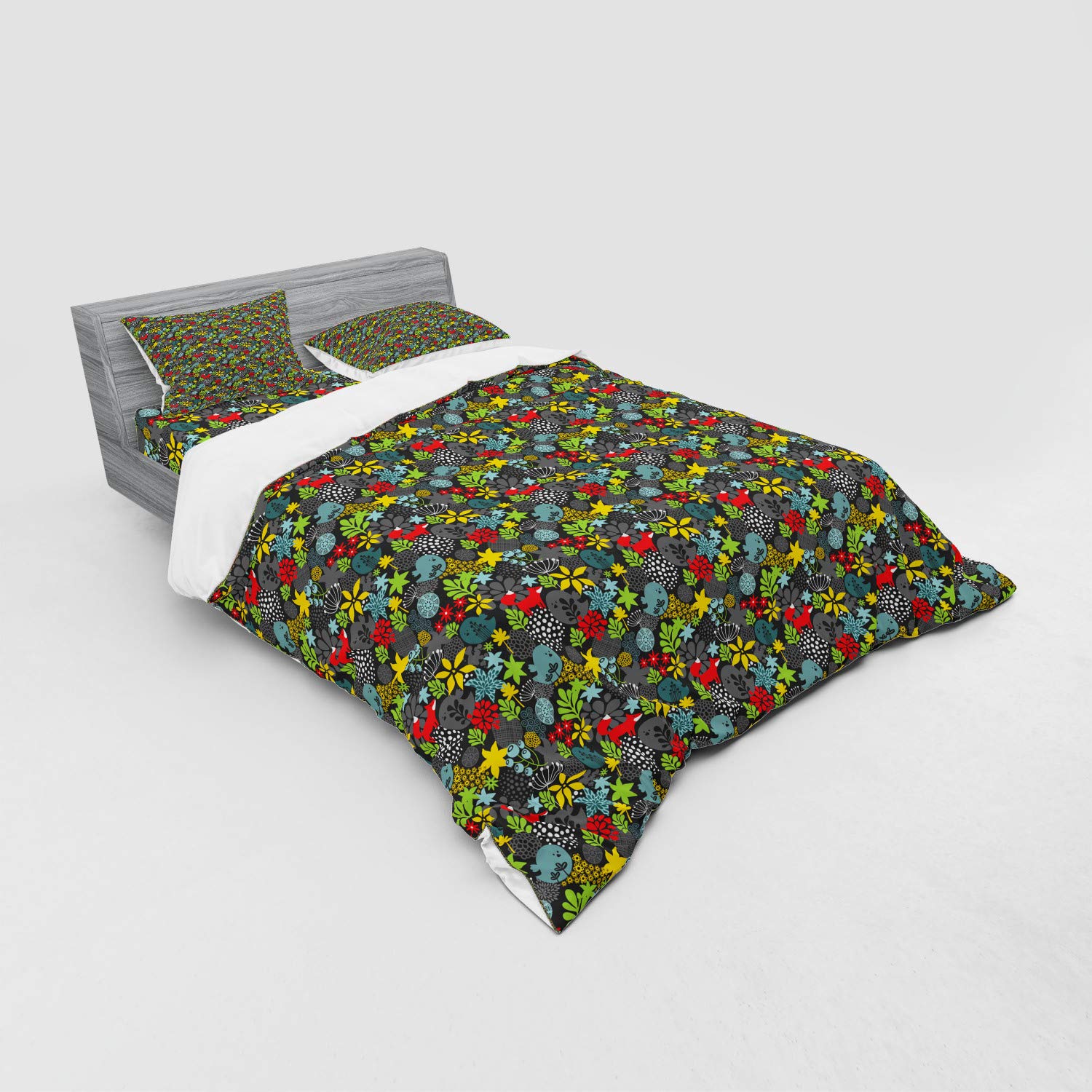 Ambesonne Autumn Fox Forest Bedding Set - 4 Piece Queen Size Duvet Cover with Shams & Fitted Sheet, Floral Leaves Dotted Pattern - Cozy Fall Bedroom Decor for Guest Rooms & Seasonal Home Styling