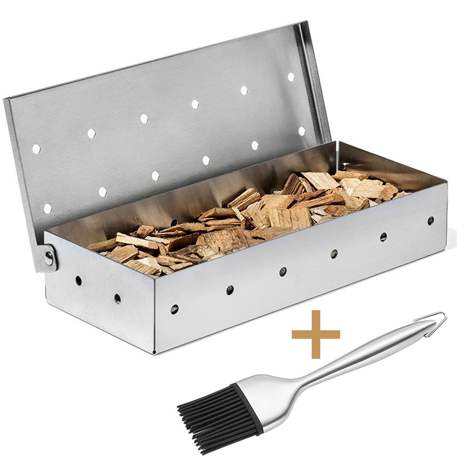 Premium Stainless Steel Smoker Box for Gas & Charcoal Grills - Heavy Duty BBQ Wood Chips Smoker Box with Free Basting Brush - Perfect for Backyard Grilling, Camping & Outdoor Barbecue Parties