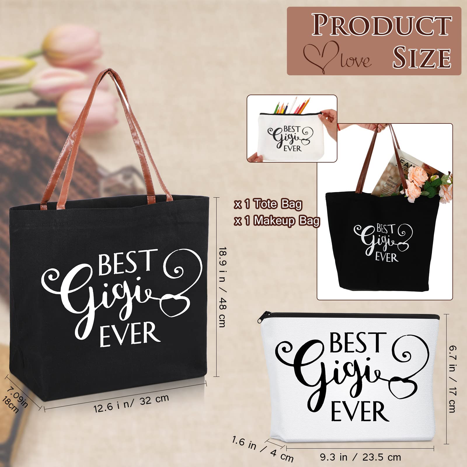 2-Piece Mother's Day Gift Set - Premium Tote Bag & Makeup Bag for Women | Perfect Birthday, Proposal Gift for Mom & Grandma (Gigi Design) | Ideal for Travel, Shopping & Daily Use
