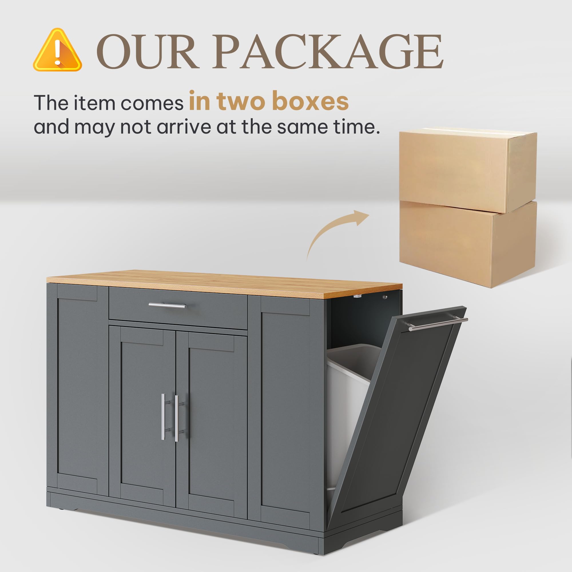 DWVO 53-Inch Large Kitchen Island with Trash Can Storage Cabinet - Portable Rolling Island Table with Wheels for 13 Gallon Garbage Bin, Grey - Perfect for Small Kitchens, Open Shelving Storage & Multi-Purpose Food Prep Station