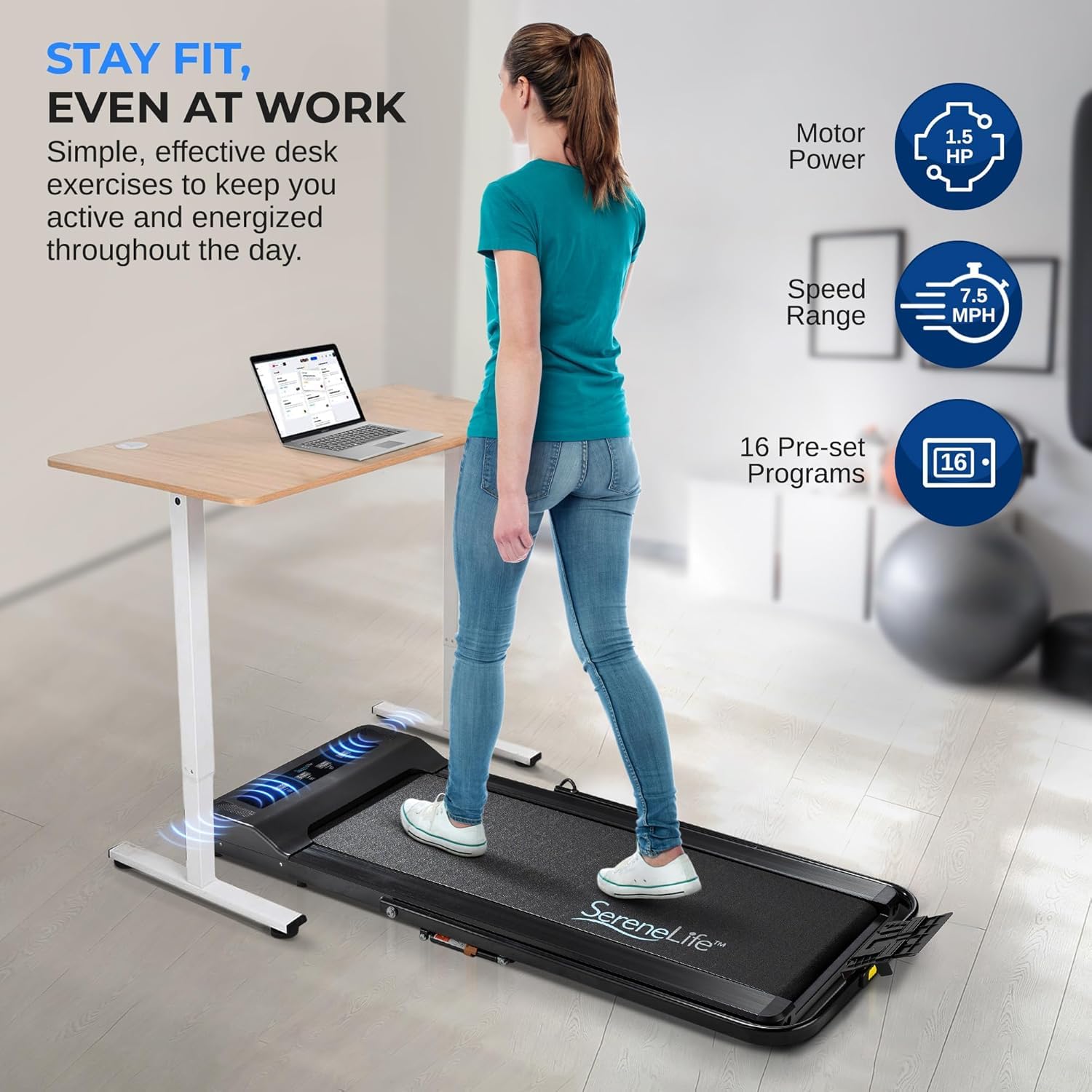 SereneLife Foldable 2-in-1 Treadmill & Walking Pad with Remote Control - Compact Under Bed/Desk Treadmill, 1.5HP Motor, 0.6-7.5MPH Speed, App Support - Easy Assembly & Storage for Home Gym, Office Workout, Walking & Jogging - Supports 265lbs Weight Capacity