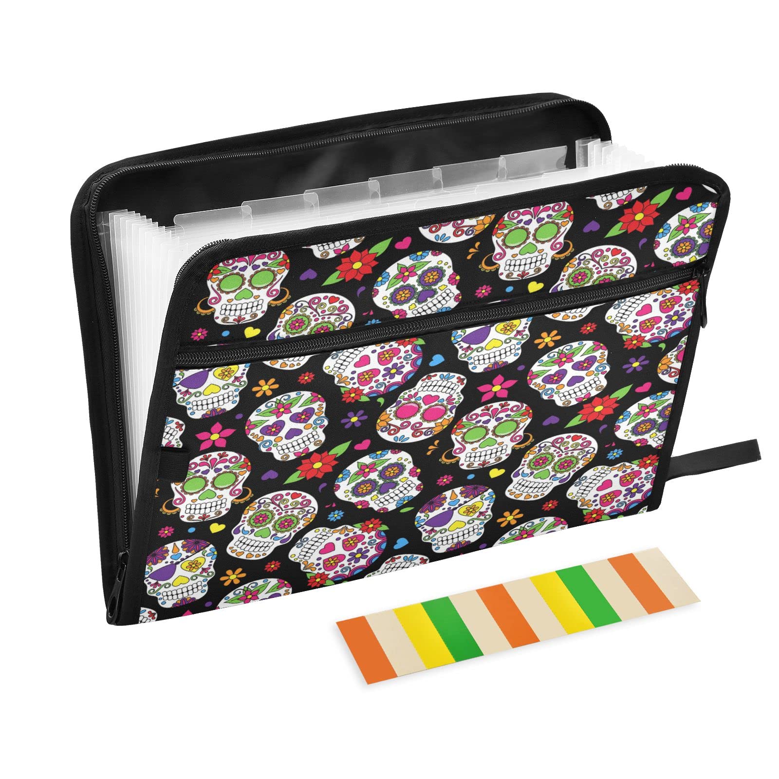 Kcldeci 13-Pocket Expanding File Folder with Zipper Closure - Sugar Skull Design Document Organizer for A4/Letter Paper - Perfect for Office, School, and Home Organization