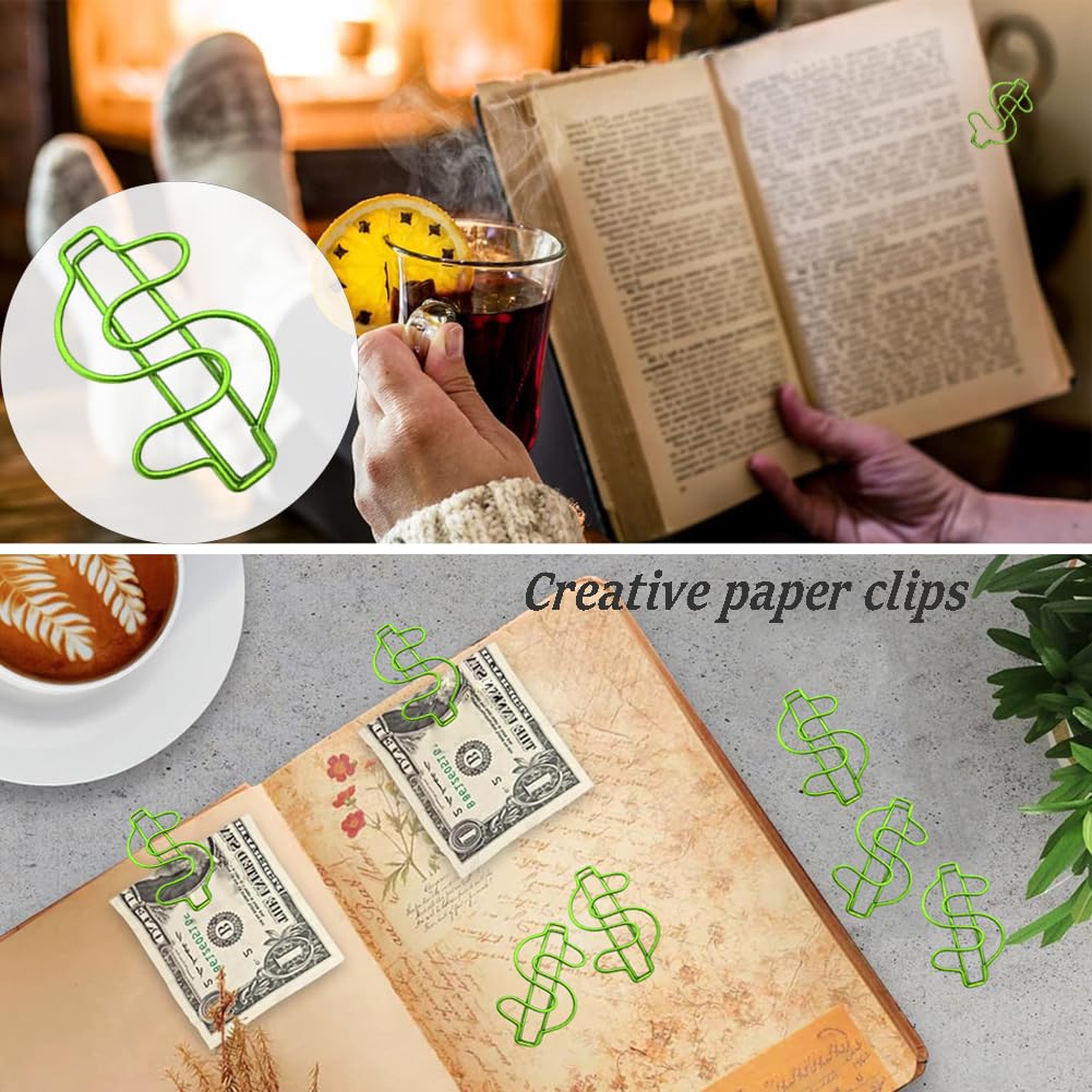 50 Pack Green Metal Binder Clips - Dollar Bill Paper Clips for Photos, Bookmarks, Office, School & Wedding Invitations - Decorative Stationery for Party Decor, Valentine's Gifts & Home Organization (Green)