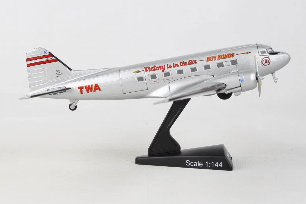 Daron Postage Stamp Douglas DC-3 TWA 1/144 Scale Silver Diecast Model Airplane - Vintage Aircraft Collectible for Display & Aviation Enthusiasts