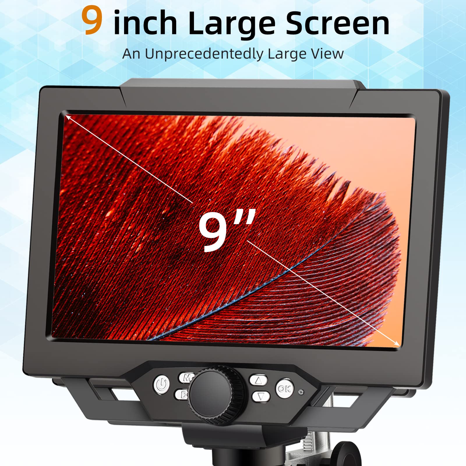 Koolertron 9-inch LCD Digital Microscope - 12MP 1600x Magnification, 1080P HD Resolution, 32GB TF Card & 5000mAh Rechargeable Battery, 10-inch Adjustable Stand with LED Side Lights for Coin Collecting, Jewelry Appraisal, PCB Repair, Plant & Rock Analysis - Perfect for Hobbyists, Scientists & Educators