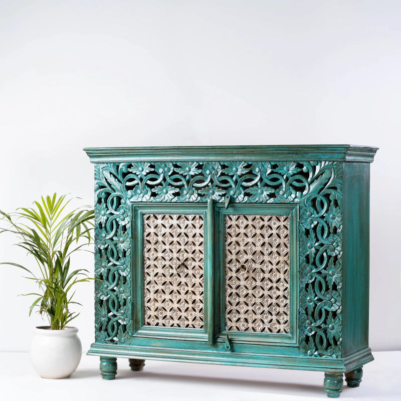 Hand Carved Solid Wooden Hallway Cabinet with Two Doors - Rustic Entryway Storage for Shoes, Coats & Decor | Perfect for Small Spaces & Narrow Halls