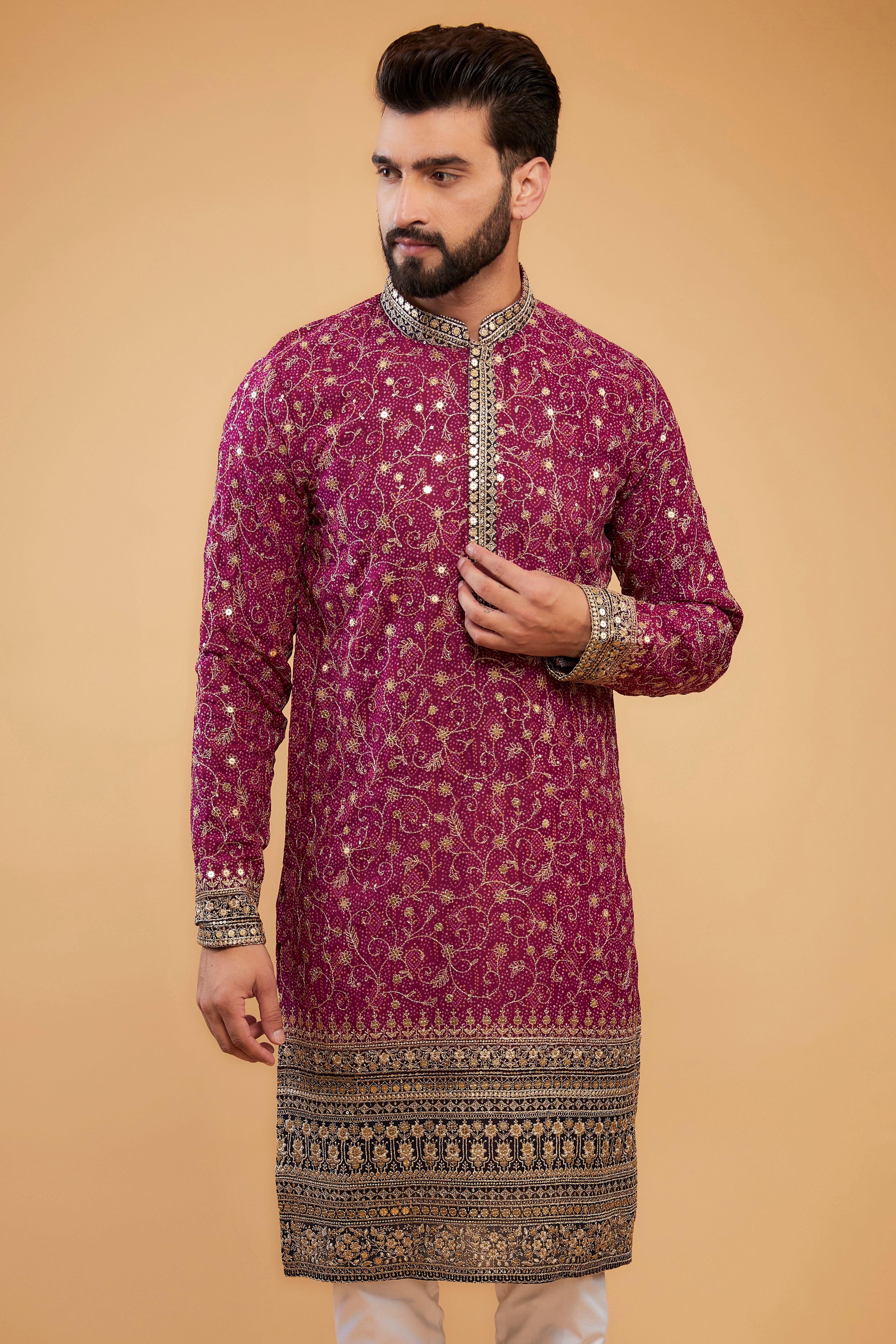 Exclusive Zari Work Kurta with Intricate Neckline & Borders - Elegant Indian Ethnic Wear for Festivals, Weddings & Special Occasions