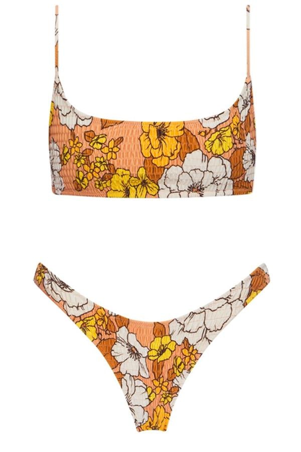 Sweet Pleasant Floral Print Pleated Bikini Set with Adjustable Straps - Perfect for Beach Vacations, Pool Parties & Summer Getaways