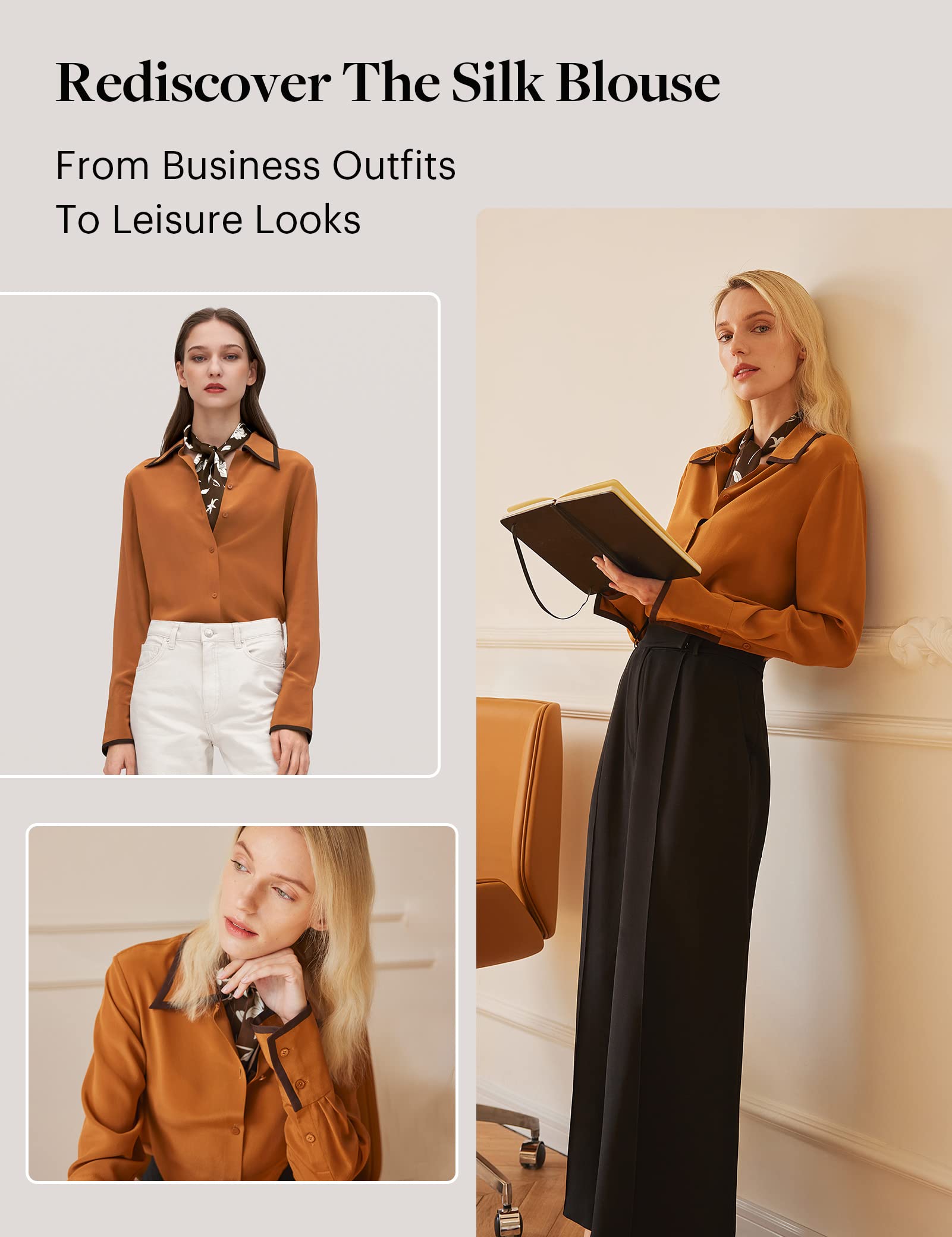 Luxury LilySilk Silk Blouse for Women - Elegant Contrast Piping Willow Shirt Tops | Perfect for Office Wear, Date Night & Special Occasions