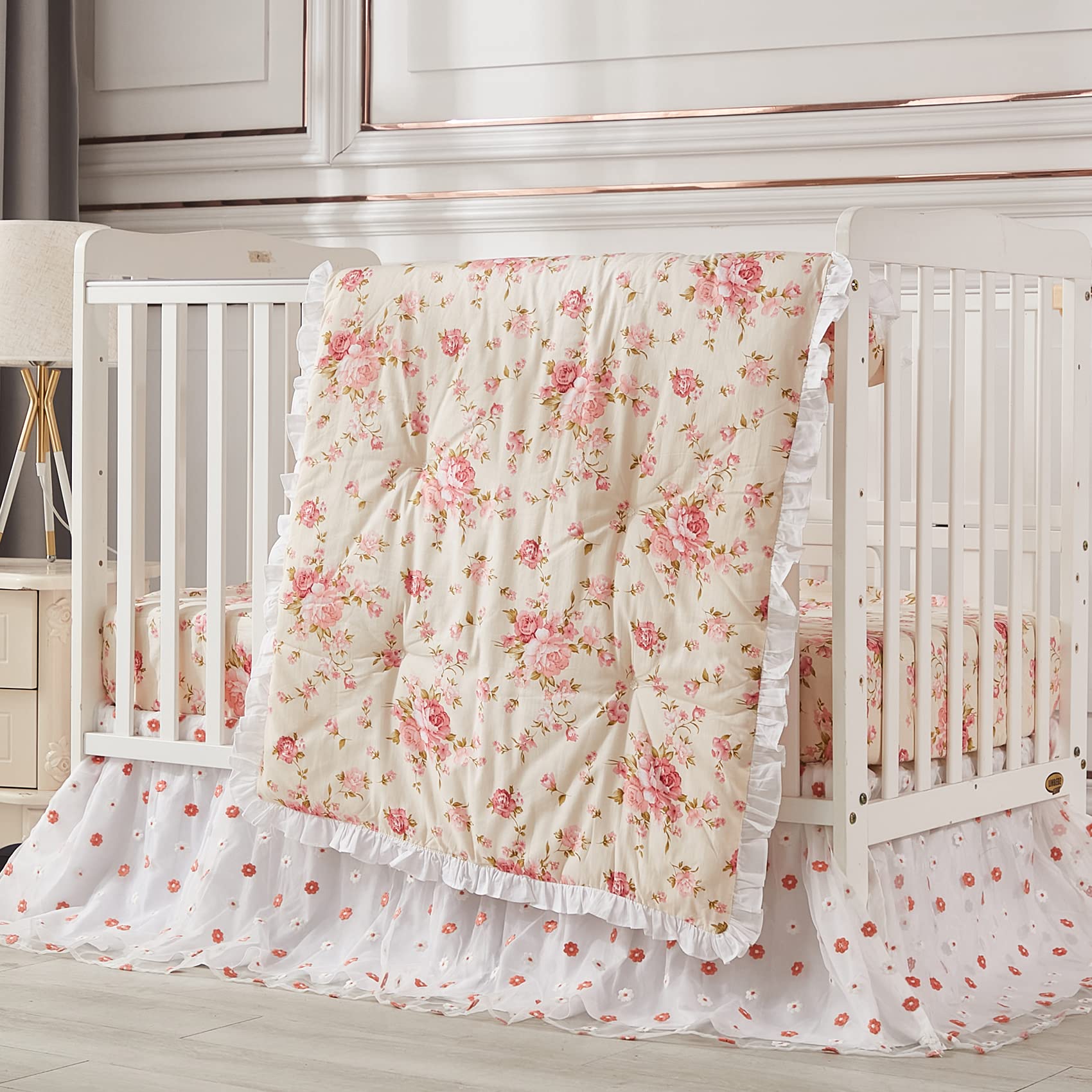 Brandream 6-Piece Baby Crib Bedding Set for Girls - 100% Cotton Nursery Comforter, Crib Skirt & Pillowcases, Beige Farmhouse Floral Lace Design - Perfect for Nursery Decor, Baby Shower Gifts & Cozy Sleep