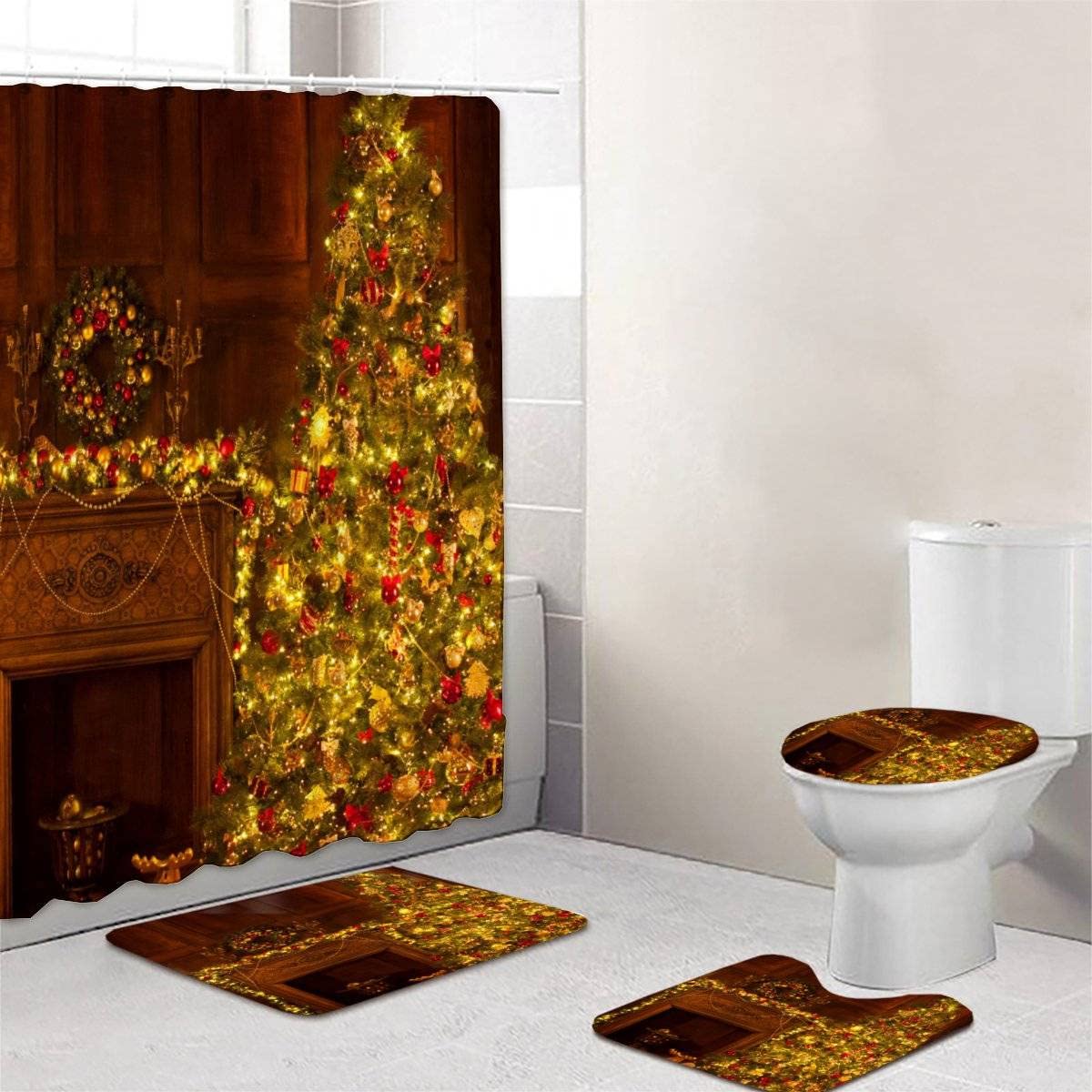 **RFFLUX 3D Christmas Shower Curtain Set - 4-Piece Holiday Bathroom Decor with 12 Hooks, Non-Slip Rugs, Toilet Lid Cover & Bath Mat - Festive Polyester Fabric for Christmas Tree Retro Theme - Perfect for Holiday Home Decor & Gift Giving**