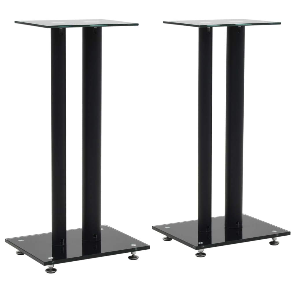 2 Pcs Black Tempered Glass Floor Speaker Stands - Heavy Duty Bookshelf & Desktop Speaker Stands for Home Theater & Living Room | Sturdy 2-Pillar Design for Enhanced Audio Experience | Perfect for Surround Sound, Gaming & Music Listening