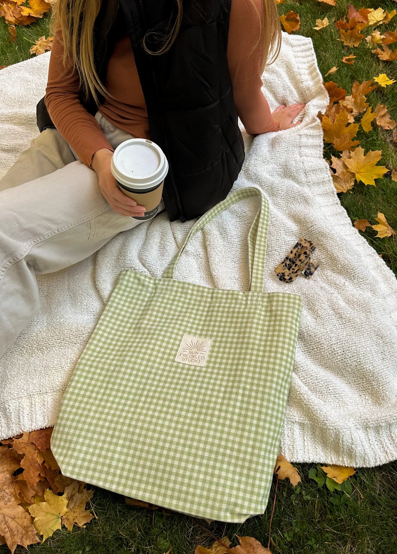 Sage Gingham Tote Bag for Women - Lightweight Canvas Shoulder Bag with Interior Pockets & Magnetic Snap Closure - Perfect for Work, Beach, Shopping & Travel