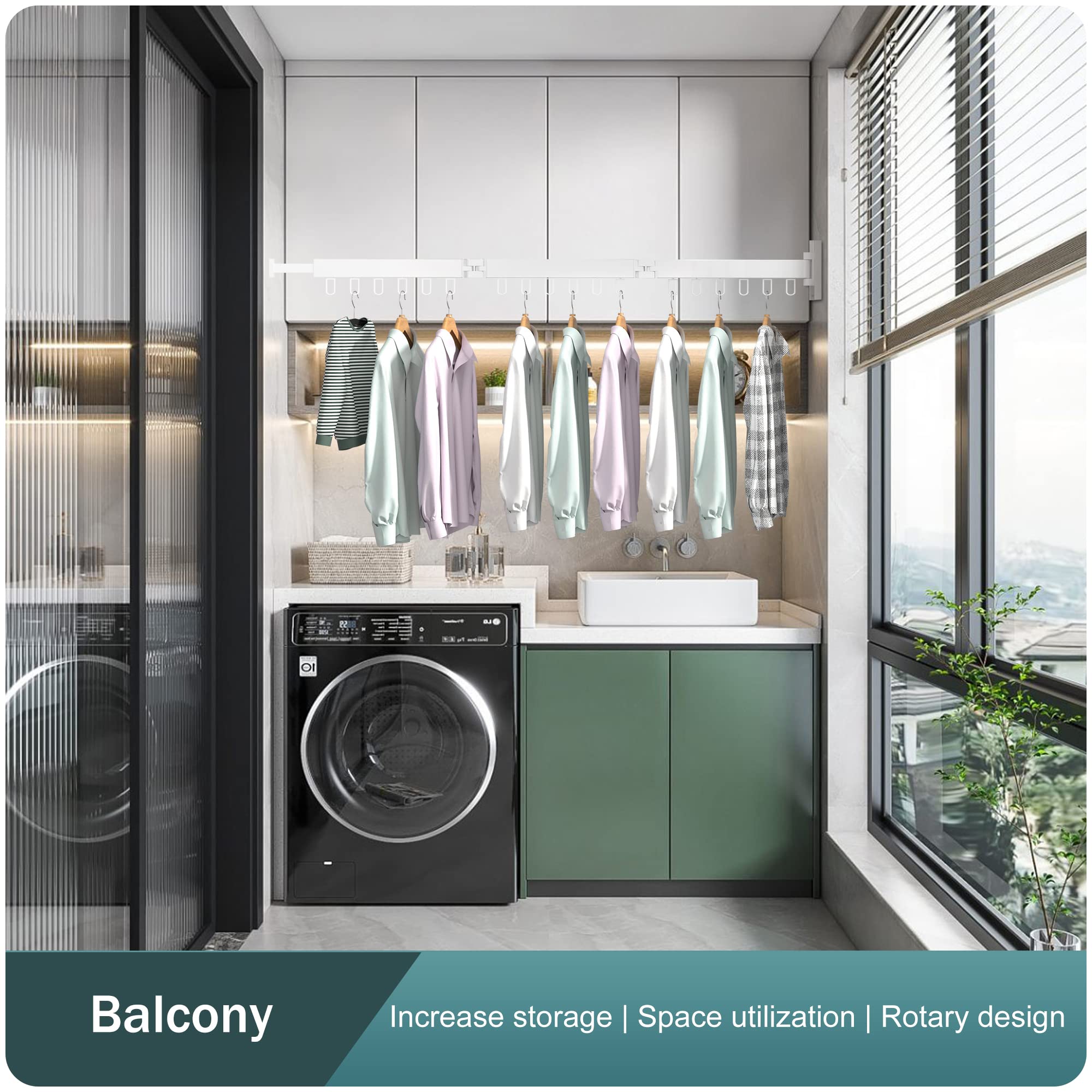 Wall Mounted Drying Rack - Foldable & Retractable Clothes Hanger for Laundry - Space Saving Collapsible Garment Rack with Hooks (White) - Perfect for Small Apartments, Bathrooms & Balconies