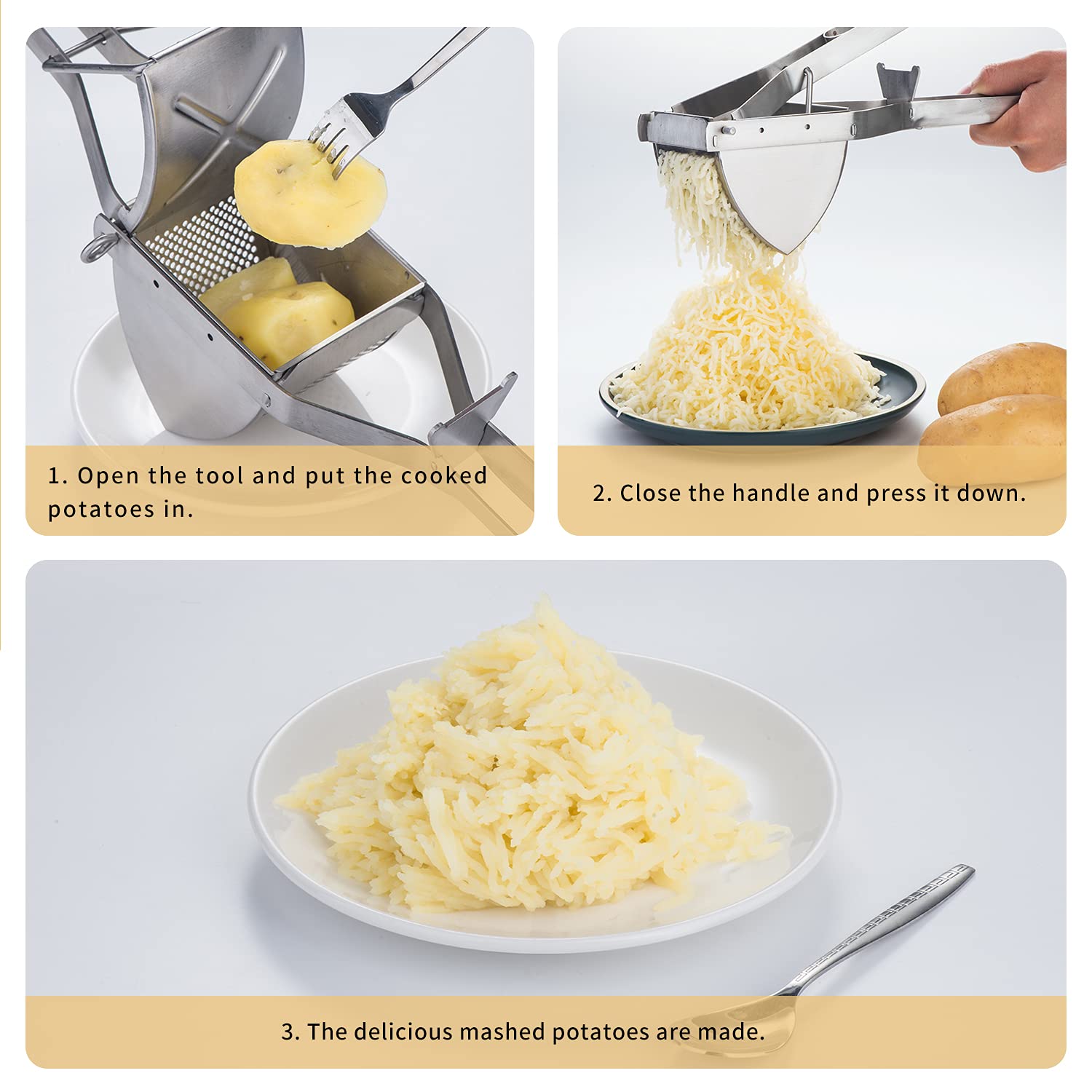 Premium Stainless Steel Potato Ricer with Dough Scraper - Professional Mashed Potato Maker, Baby Food Press & Gnocchi Tool - Dishwasher Safe Kitchen Essential for Home Cooking & Meal Prep