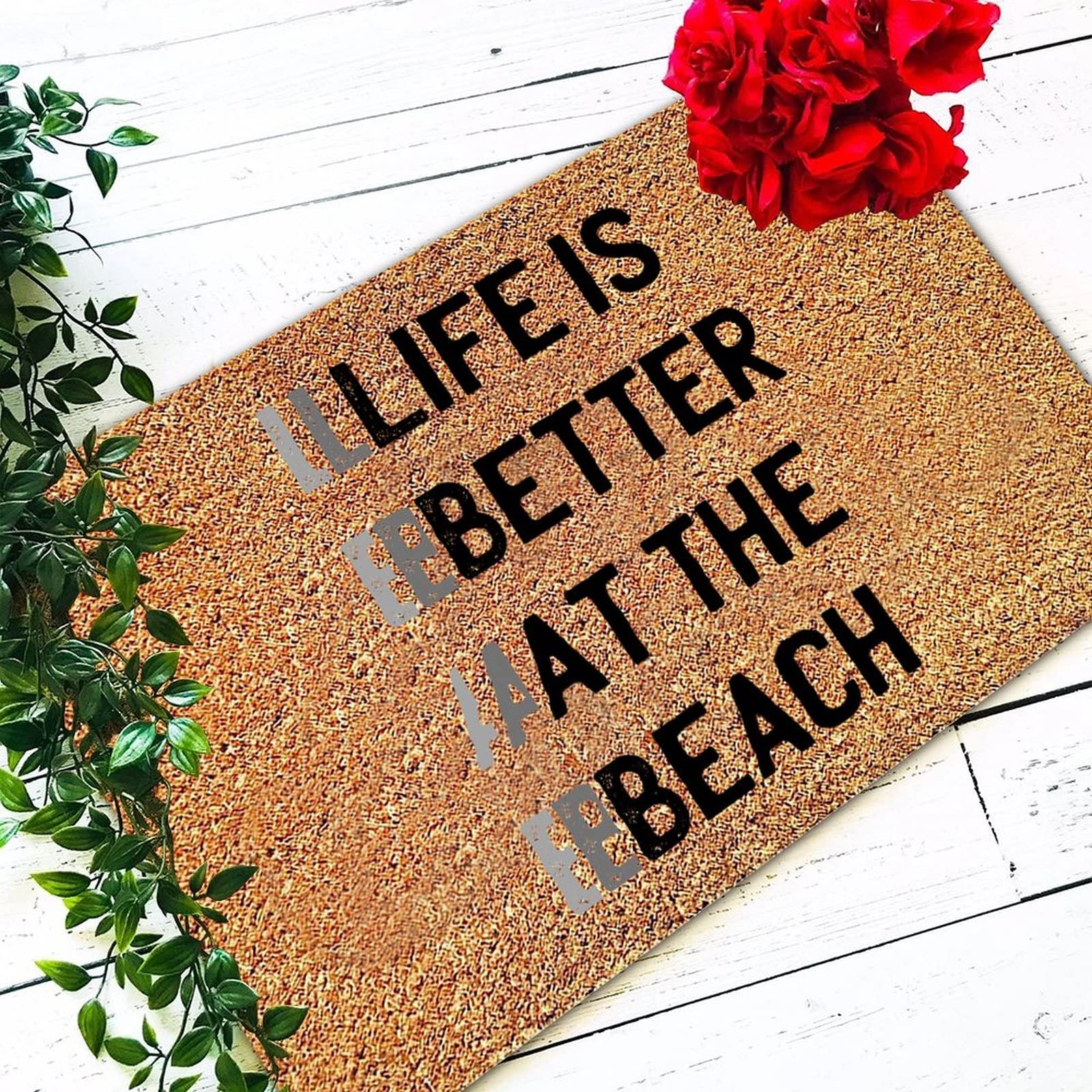 Life is Better at The Beach Coir Doormat 16x24 Inches - Natural Coconut Fiber Entryway Mat with Inspirational Quote, Retro Style for Front Door, Porch, Patio & Beach House Decor - Perfect Housewarming Gift