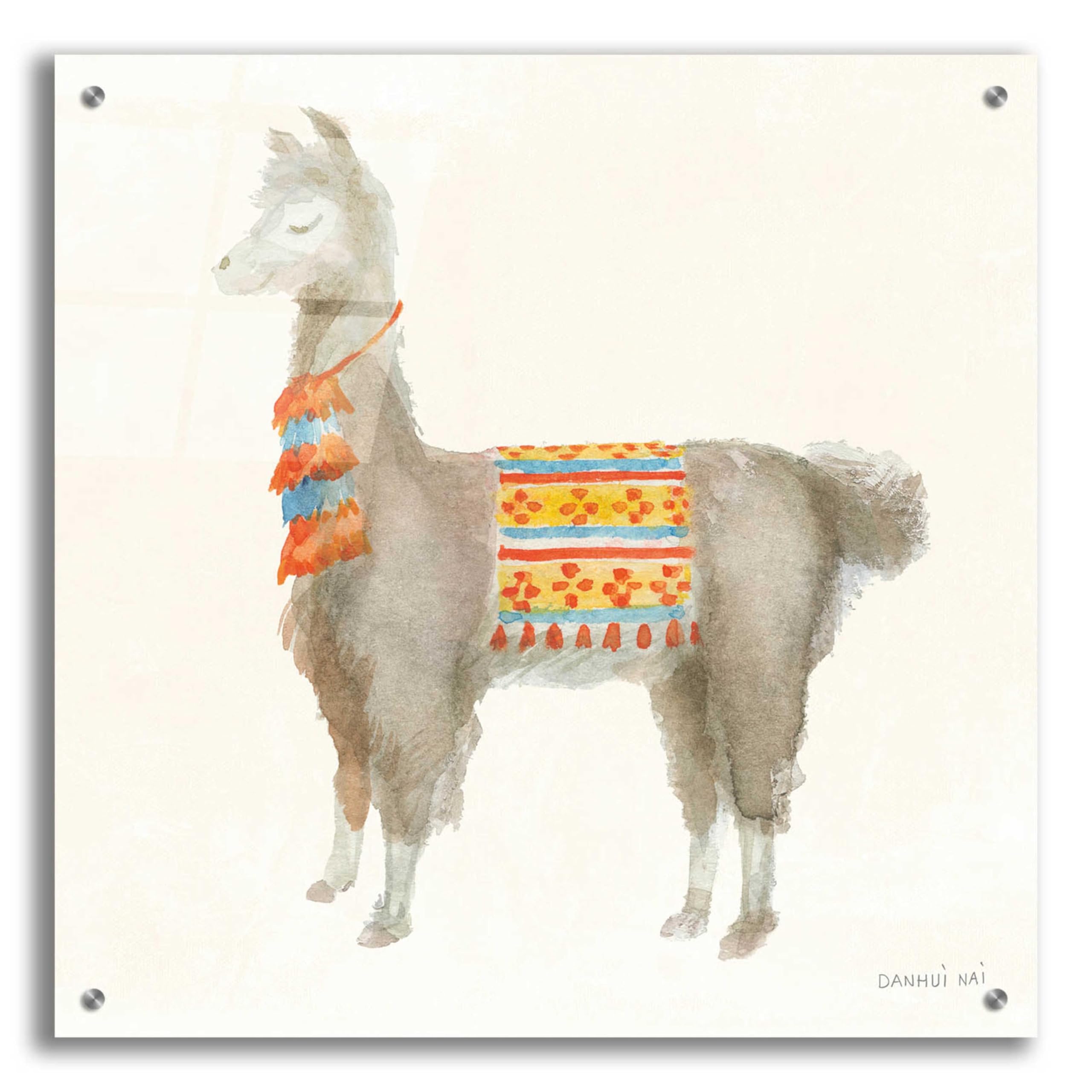 Festive Llama II Wall Art by Danhui Nai - 24x24 Inch Acrylic Glass Canvas Painting - Modern Home Decor for Living Room, Bedroom & Office
