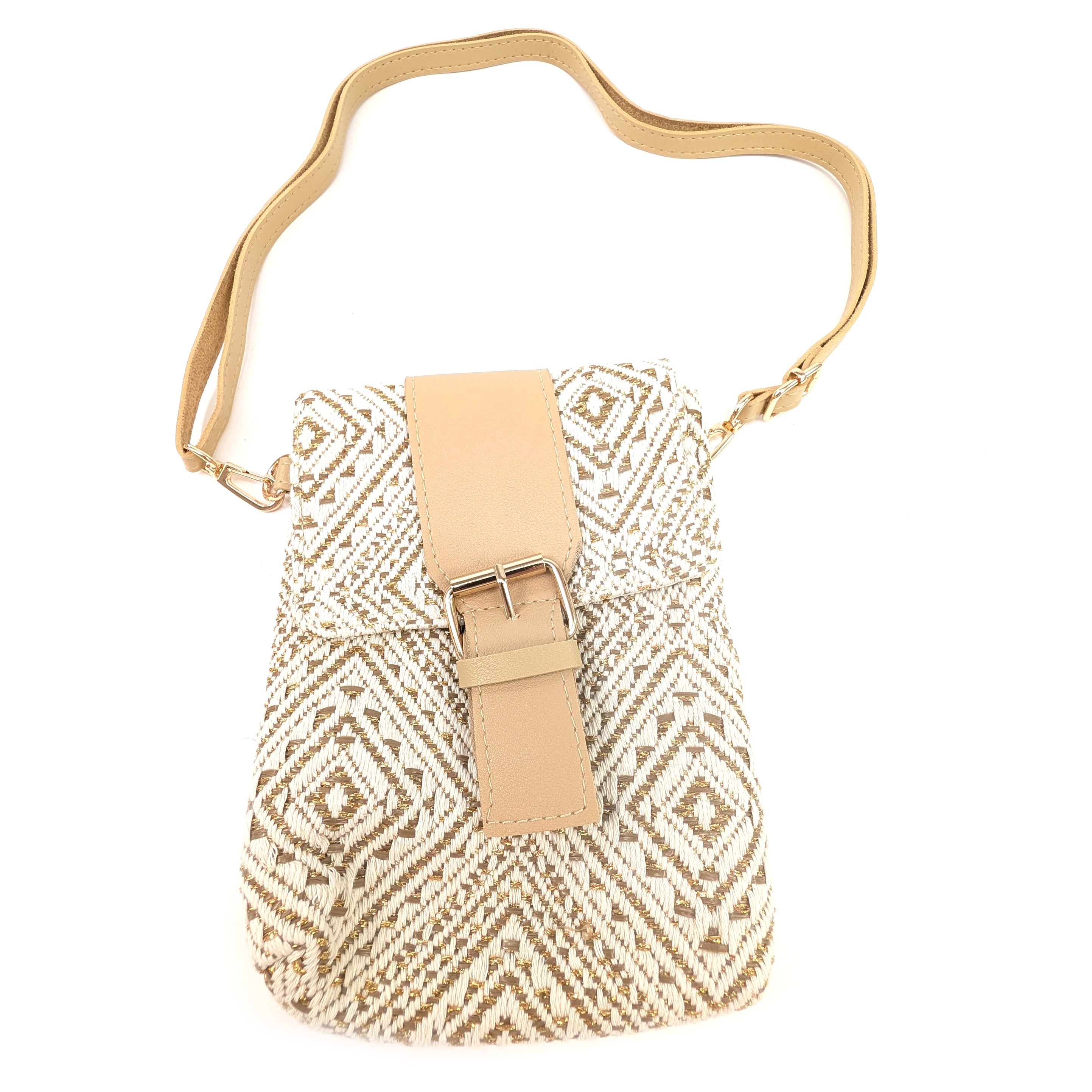 Aztec Buckle Crossbody Bag for Women - Stylish Golden Oatmeal Leather Purse with Adjustable Strap, Perfect for Travel, Shopping & Everyday Use