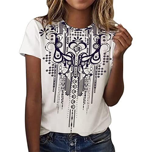 Women's Floral Printed V-Neck Short Sleeve Solid Color T-Shirt - Summer Casual Tunic Top for Everyday Wear, Beach Outings & Weekend Brunch (Navy Blue, Size S)