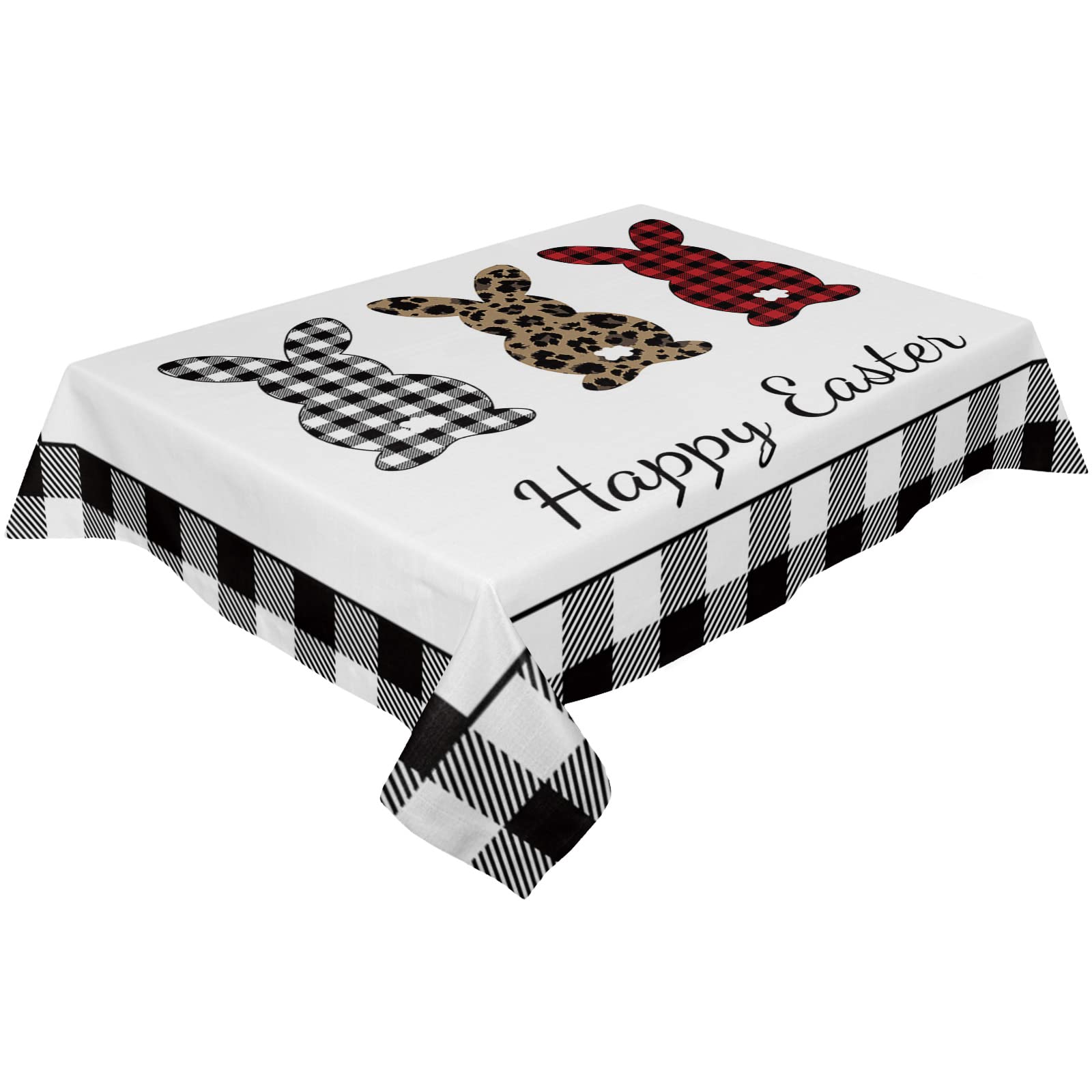 Easter Bunny Tablecloth - Black and White Buffalo Plaid Waterproof Table Cover for Kitchen, Dining Room, Party, Hotel Banquet (52x70 Inches) - Spring Rabbit Grid Leopard Decor for Easter Celebrations, Holiday Gatherings & Home Decor
