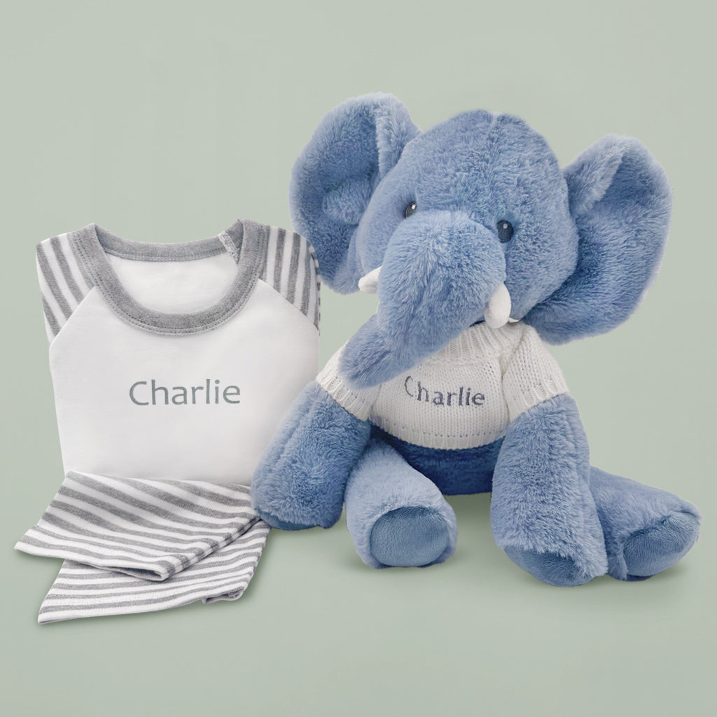 Customized Esme Elephant Plush Toy with Pajamas - Grey Cuddly Stuffed Animal for Kids, Perfect for Bedtime, Gifts & Nursery Decor