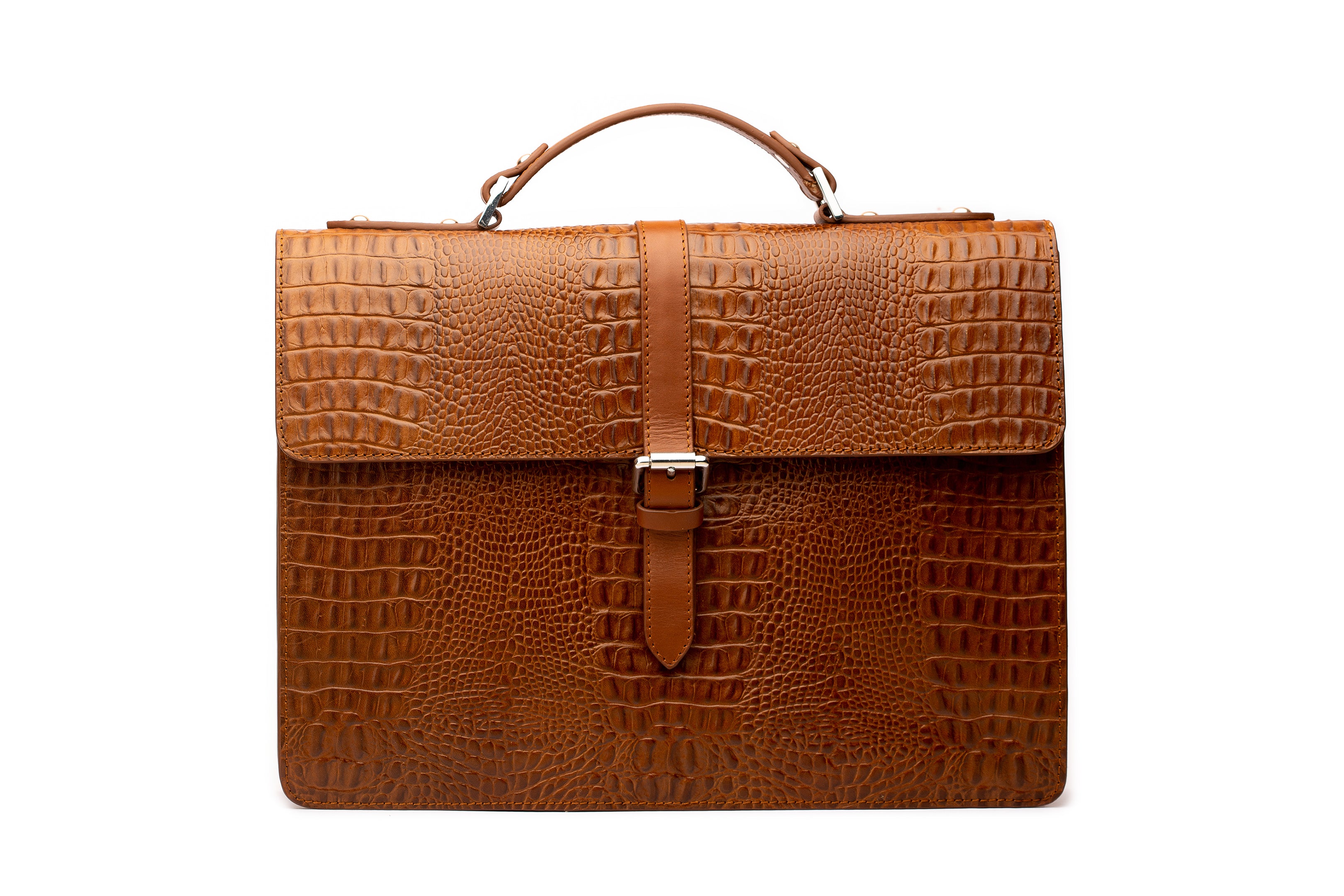 Premium Genuine Leather Laptop Briefcase - Crocodile Embossed Brown Business Bag for Men & Women | Perfect for Office, Travel & Professional Meetings