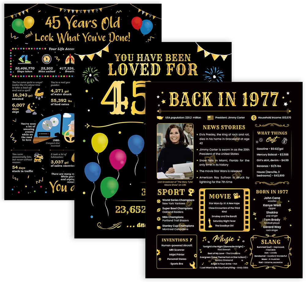 45th Birthday Decorations Set of 3 - Funny 45th Birthday Gifts for Women & Men - 45th Wedding Anniversary Party Supplies - Vintage 1977 Themed Unframed 8x10 Posters - Perfect for Dad, Mom & Couples Celebrations - Great for Home Parties, Office Decor & Milestone Birthday Surprises