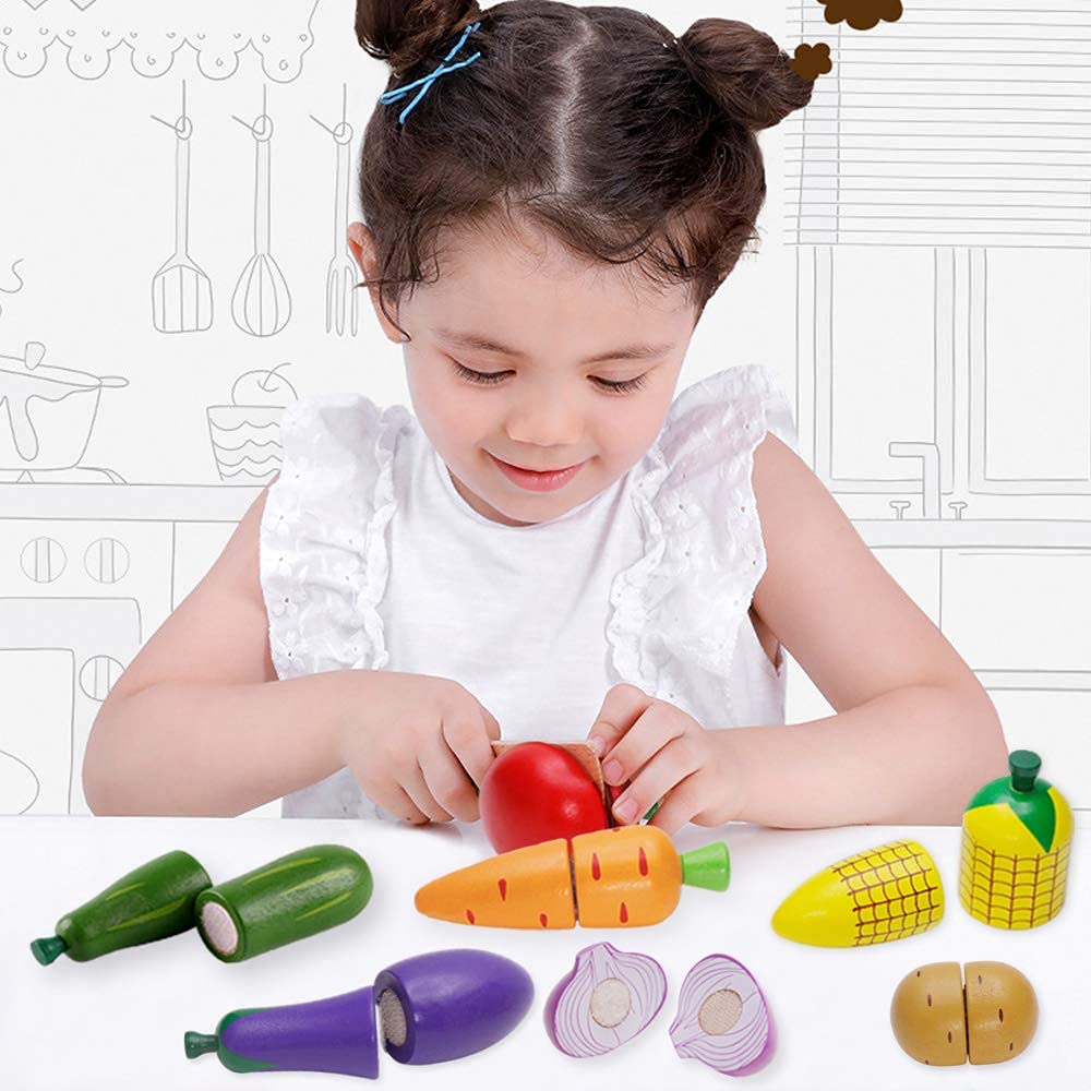 Wooden Fruits and Vegetables Play Set for Kids - Pretend Play Toy for Learning & Fun - Perfect for Montessori, Kitchen Role Play, and Early Childhood Education