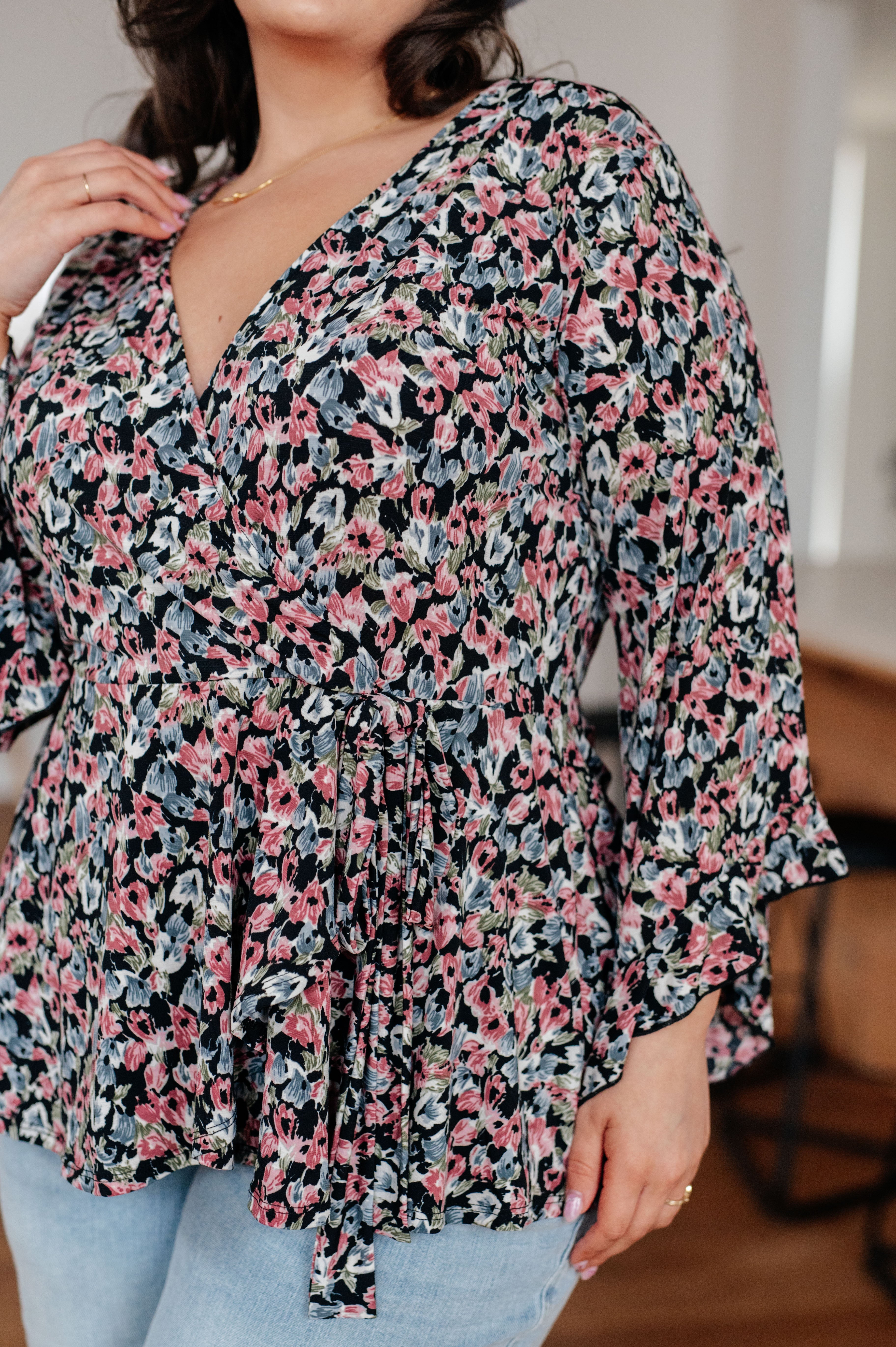 Black Floral Angel Sleeve Top for Women - Elegant Boho Blouse for Casual Wear, Date Night & Special Occasions
