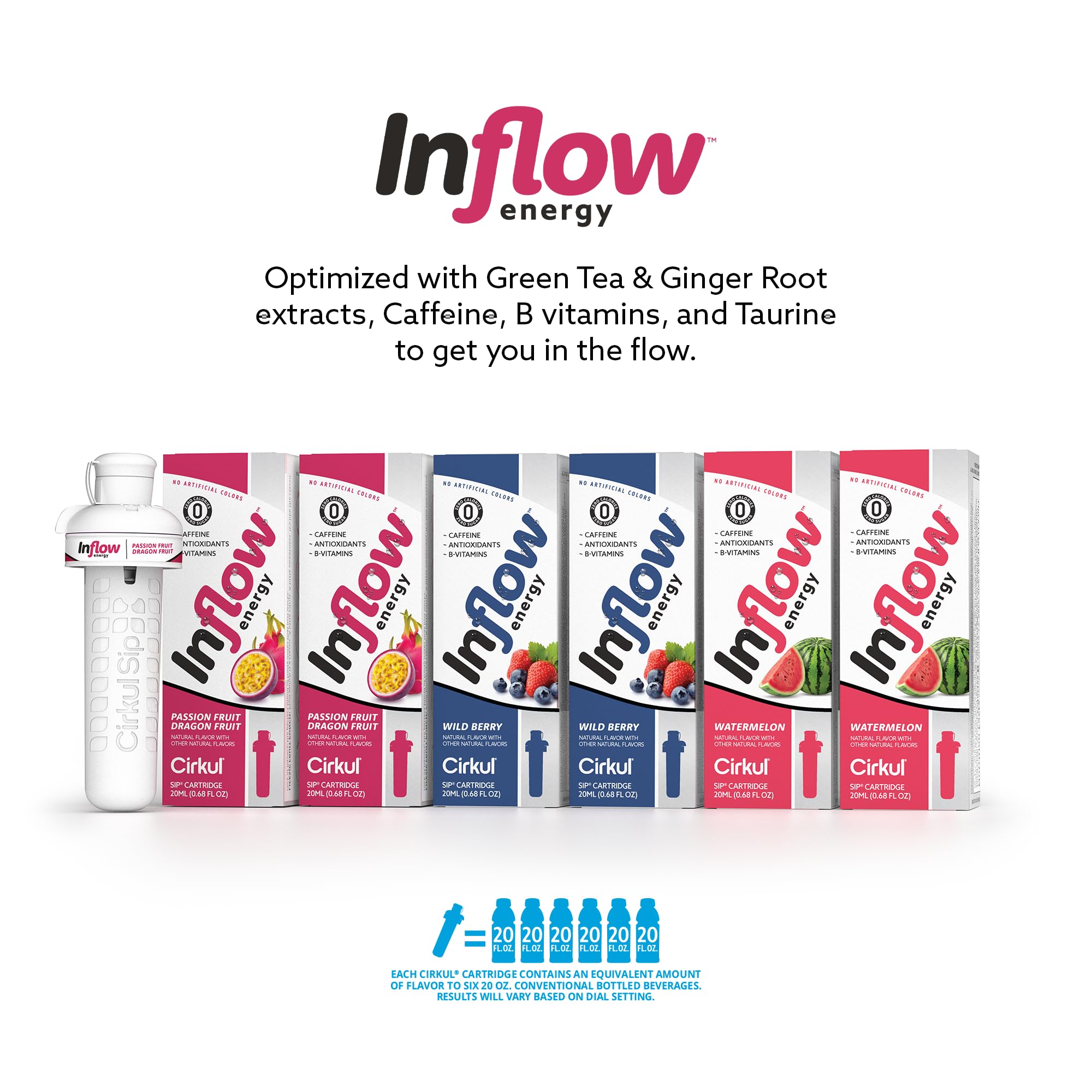 Cirkul Inflow Energy Flavor Cartridge Variety Pack with Caffeine - 6 Pack (Passion Fruit Dragon Fruit, Wild Berry, Watermelon) | Hydration Boost for Workouts, Office & Outdoor Activities