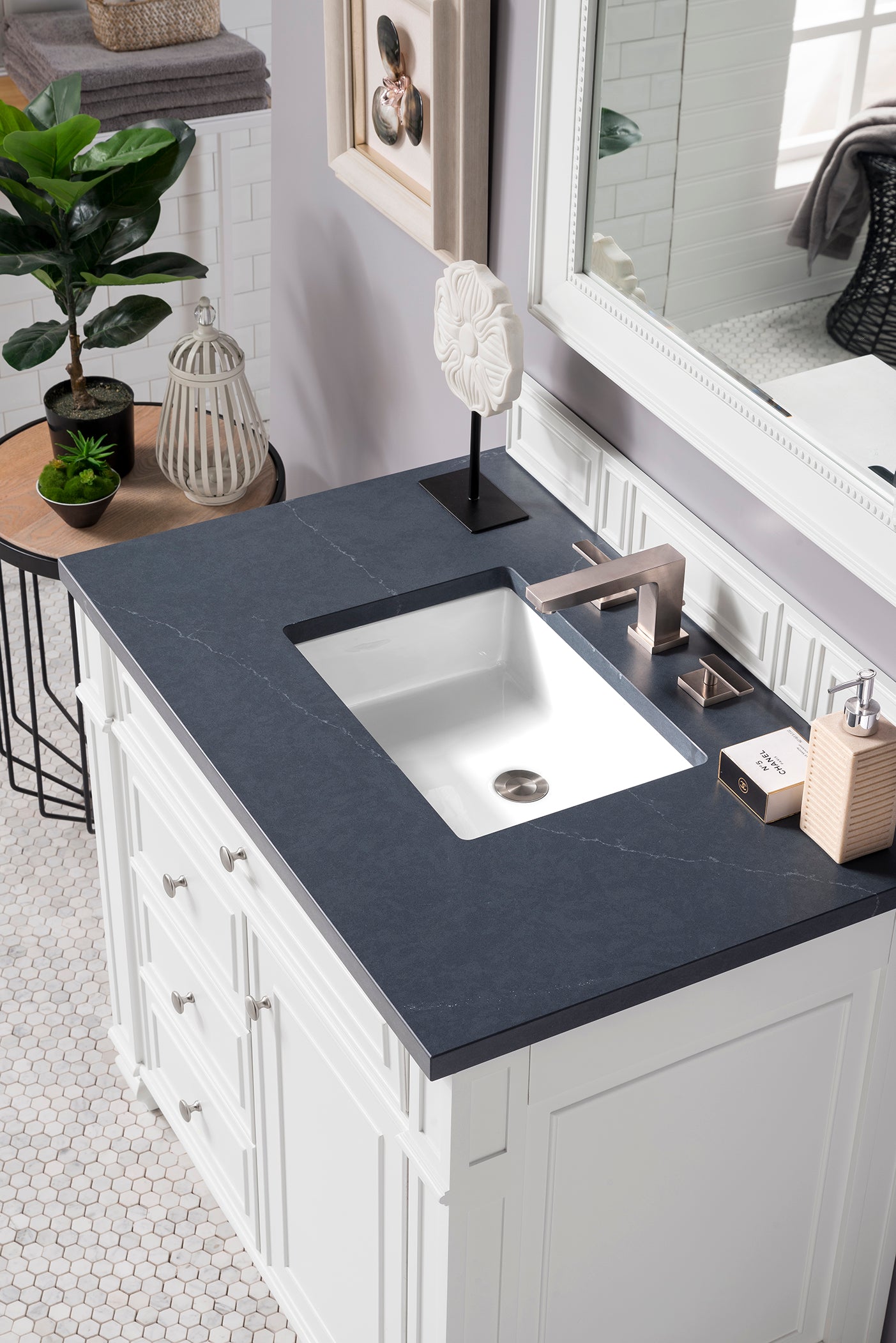 Bristol 36 Inch Single Bathroom Vanity Set with Bright White Finish & 3CM Charcoal Soapstone Quartz Countertop - Perfect for Modern Home, Apartment, or Guest Bathroom Remodel