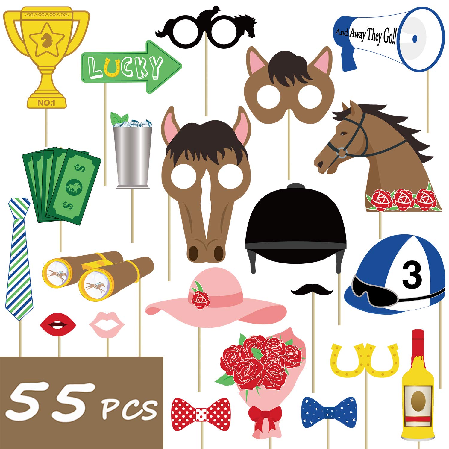 55PCS Kentucky Derby Party Photo Booth Props - Horse Racing Themed Decorations for Derby Day Celebrations, Weddings, and Birthday Parties