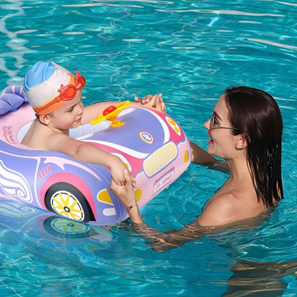 3D Car Design Baby Pool Float - Heavy Duty PVC Toddler Swim Float with Steering Wheel for Ages 1-4 Years | Safe Swimming Floats Seat Boat for Kids 12-24 Months | Perfect for Backyard Pools, Beach Vacations & Summer Water Play (Girl & Boy)