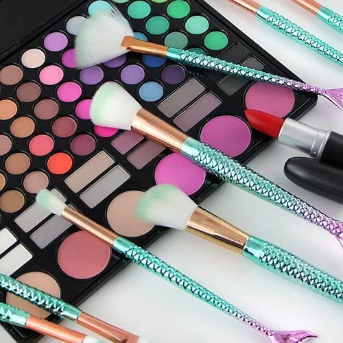 Premium 10-Piece Mermaid Makeup Brush Set - 3D Scale Design Kabuki, Eyeliner & Blush Brushes for Professional & Everyday Makeup | Perfect Gift for Women & Makeup Artists | Home, Travel & Salon Use