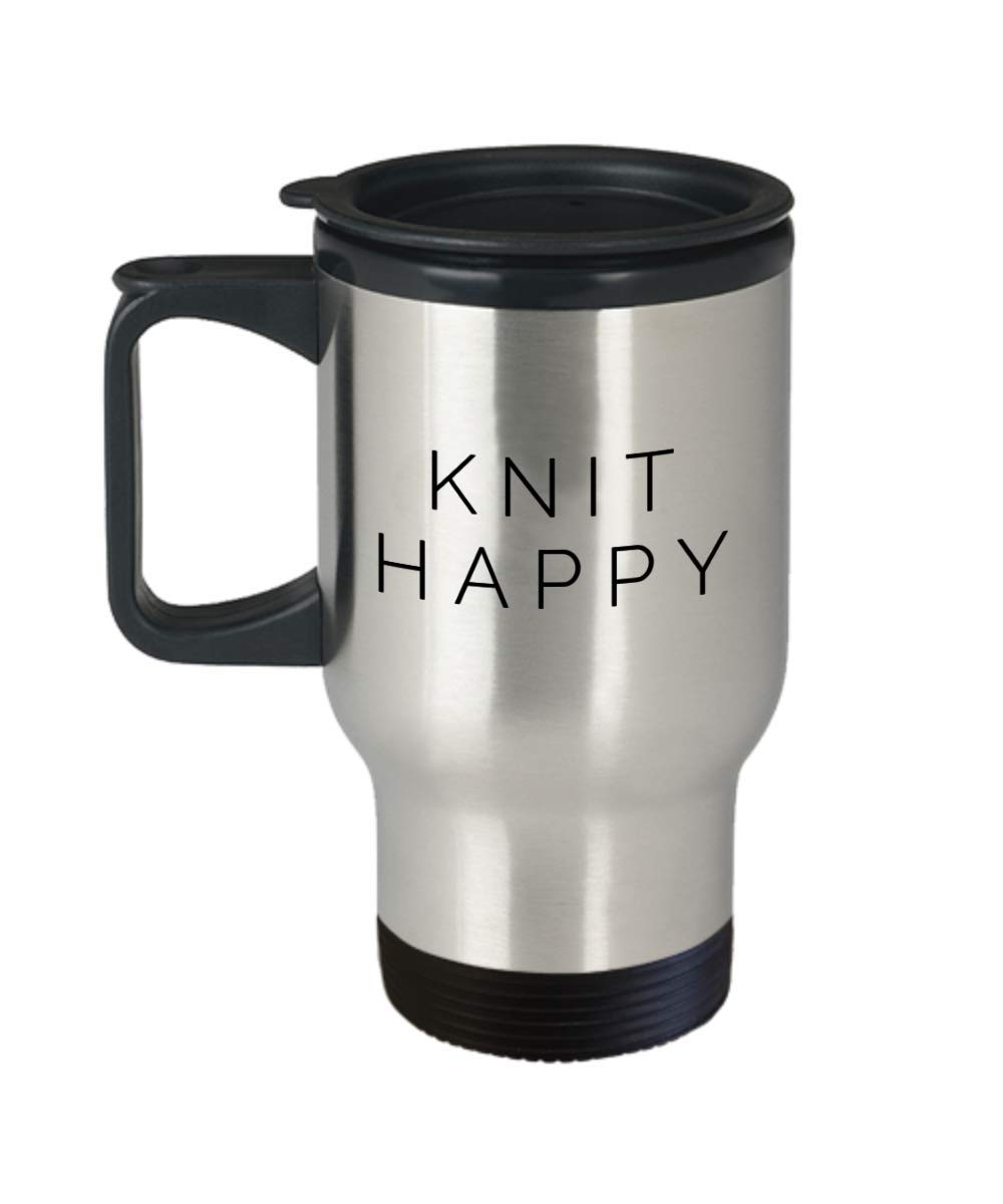 14oz Knit Happy Travel Mug - Insulated Coffee Cup for Women, Perfect for Knitting Enthusiasts | Great for Commuting, Camping & Gifts