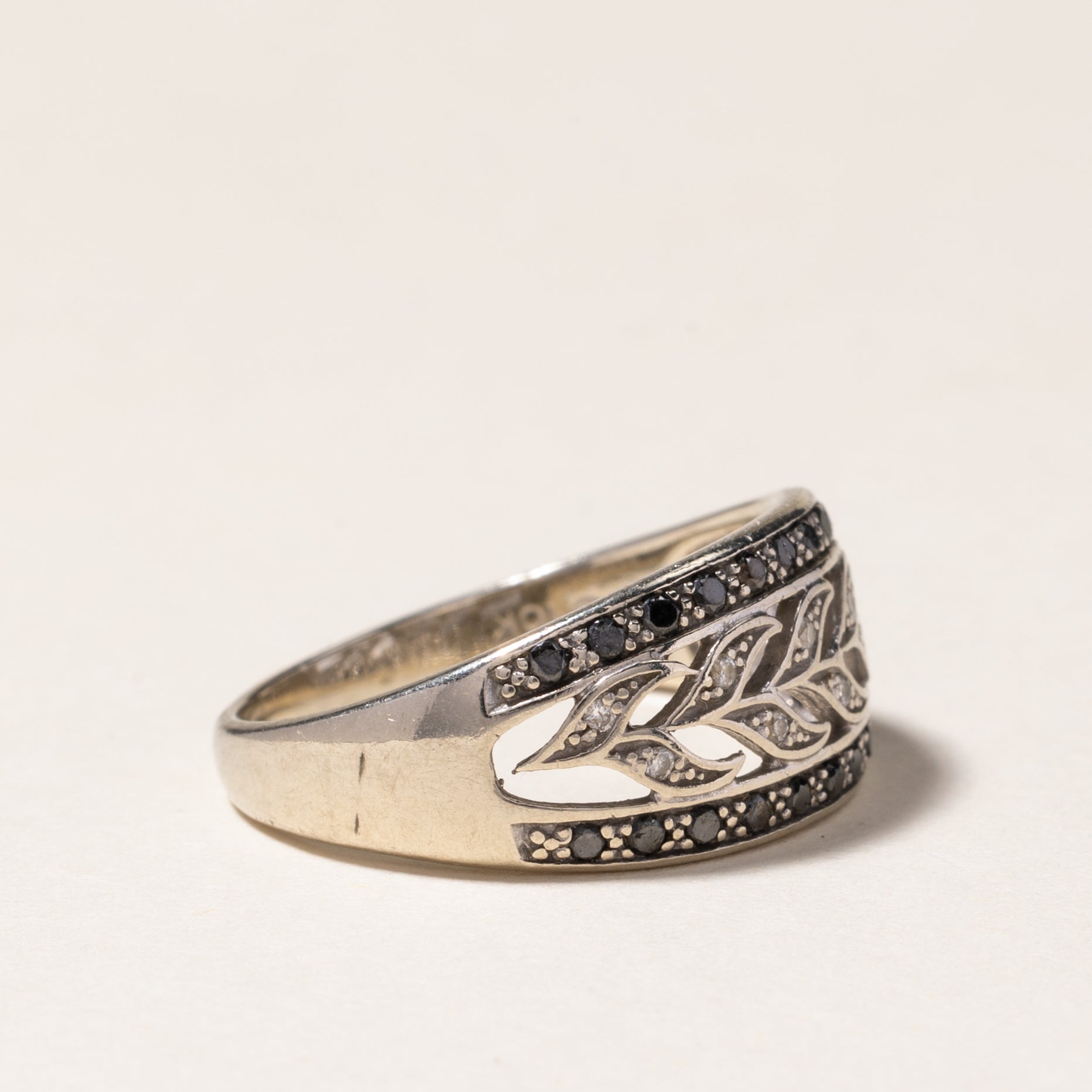 Elegant Black & White Diamond Leaf Vine Ring - 0.22ctw Total, 0.05ctw Each - Size 7.25 - Perfect for Weddings, Anniversaries & Special Occasions