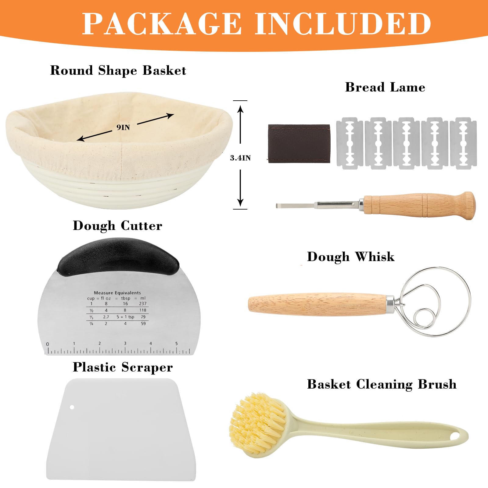 Sourdough Bread Baking Kit - 9 Inch Round Banneton Basket with Linen Liners, Dough Scraper, Whisk, Cutter & Bread Lame - Complete Starter Set for Homemade Artisan Bread - Perfect for Beginners & Professional Bakers