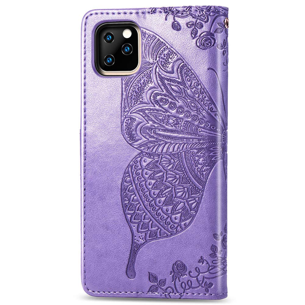 Premium Leather Wallet Case for iPhone 11 Pro Max (6.5 inch) - Embossed Butterfly Design with Flip Card Holder & Cash Pocket | PU Protective Cover for Apple iPhone 11 Pro Max 2019 Model | Perfect for Daily Use, Travel & Business Meetings (Lavender)