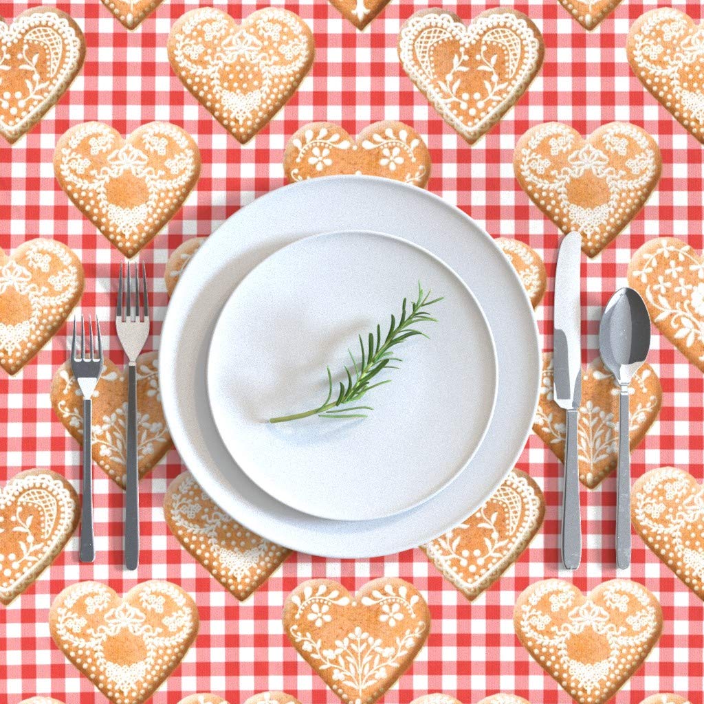 Premium Spoonflower Cotton Sateen Tablecloth 70x108 Inches - Christmas Valentine's Day Heart Gingham Baking Decor, Red White Checkered Kitchen Linens, Hygge Strawberry Print for Dining & Entertaining