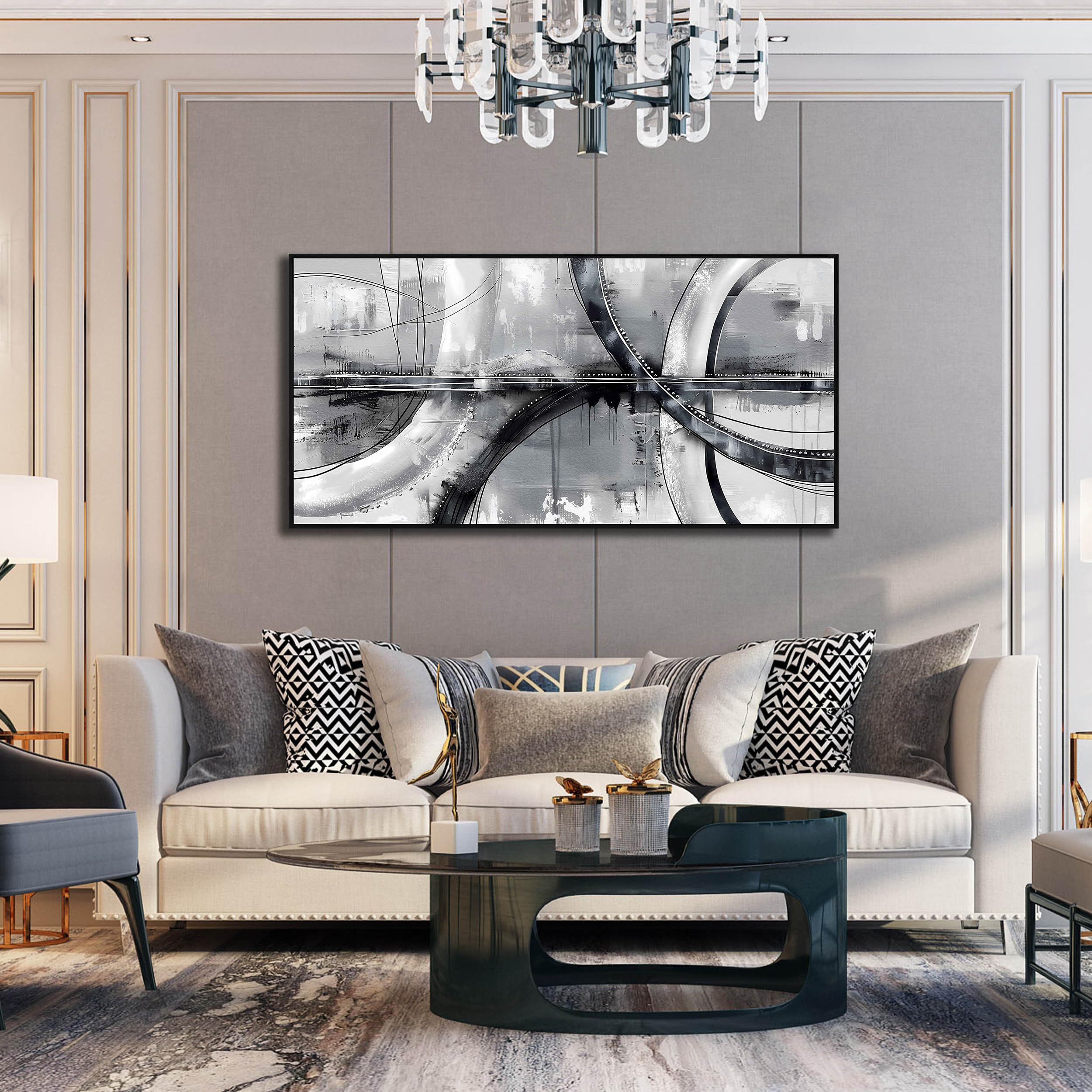 Abstract Black and White Framed Wall Art - Modern Grey Painting for Bedroom, Living Room & Office Decor - 24x48 Inch Canvas Artwork - Perfect for Gallery Walls & Home Interior Design