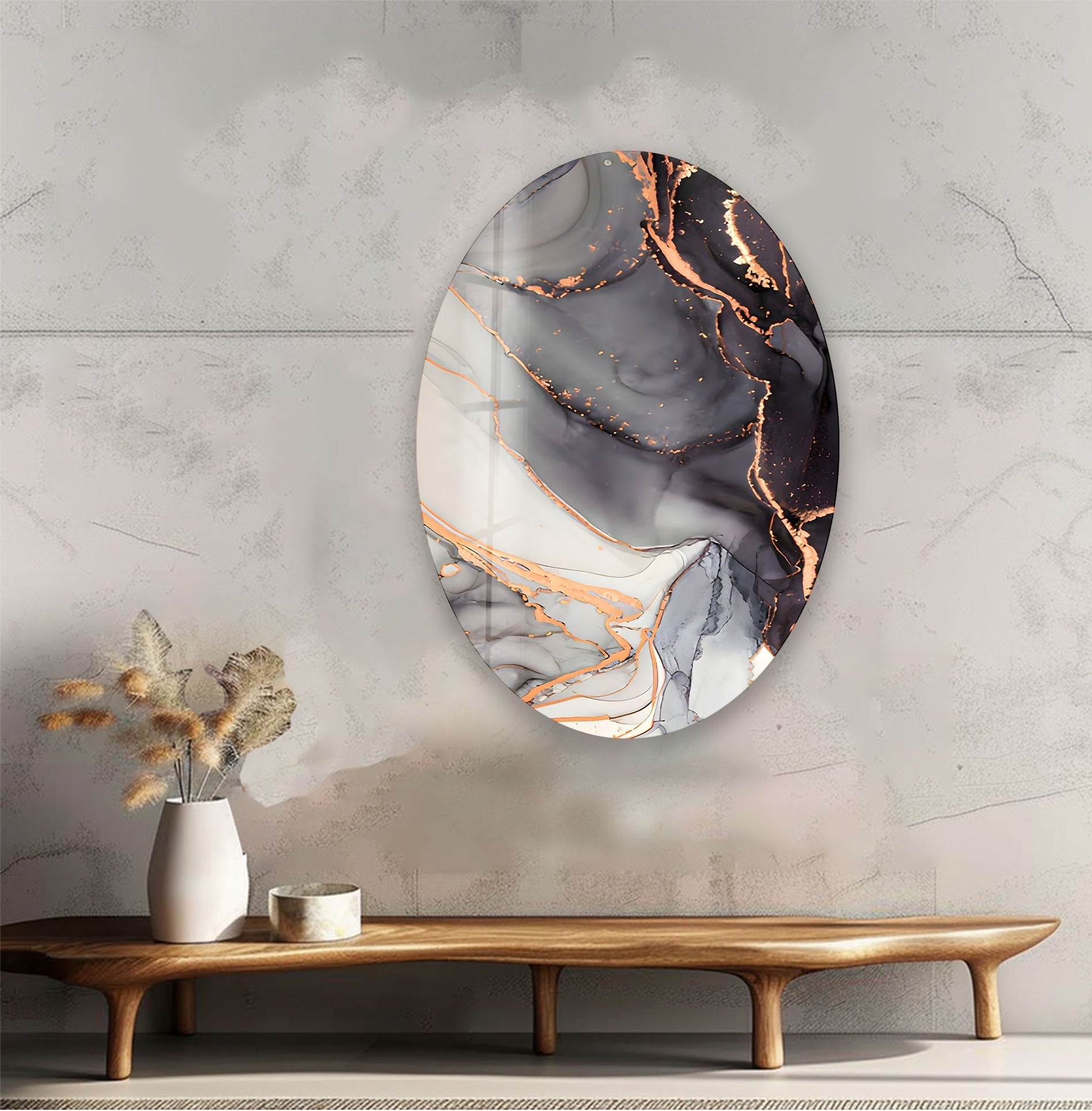 Abstract Black Alcohol Ink Glass Wall Art - Handmade Oval Asymmetrical Design for Modern Home & Office Decor - Perfect for Living Room, Bedroom, or Office Wall Display