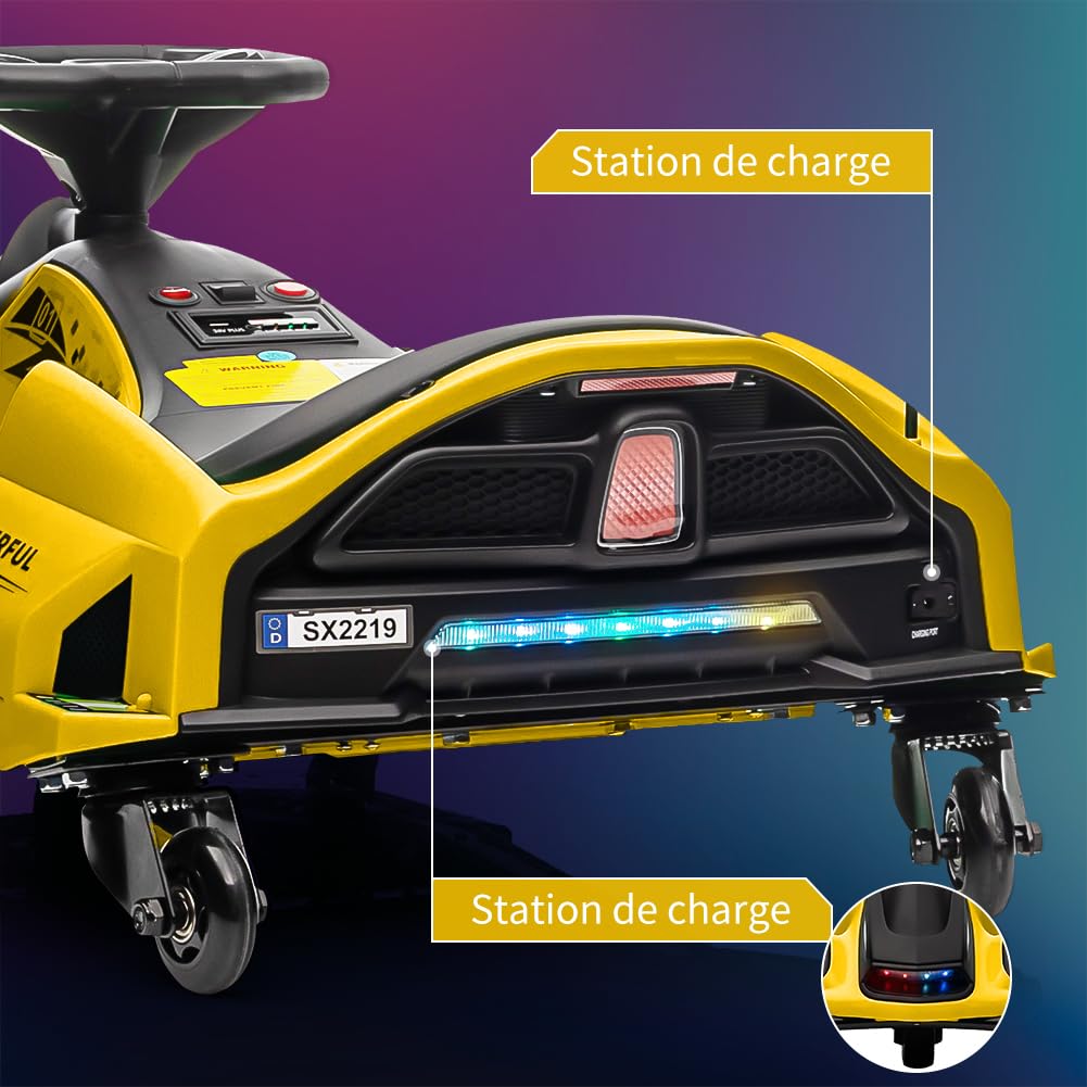 24V Kids Electric Drift Kart - Adjustable Speed, 5-Wheel Design, Built-in Music & LED Lights (Front/Rear), Low Battery Alarm - Yellow | Perfect for Outdoor Play, Backyard Racing & Birthday Gifts for Boys & Girls Ages 3-8