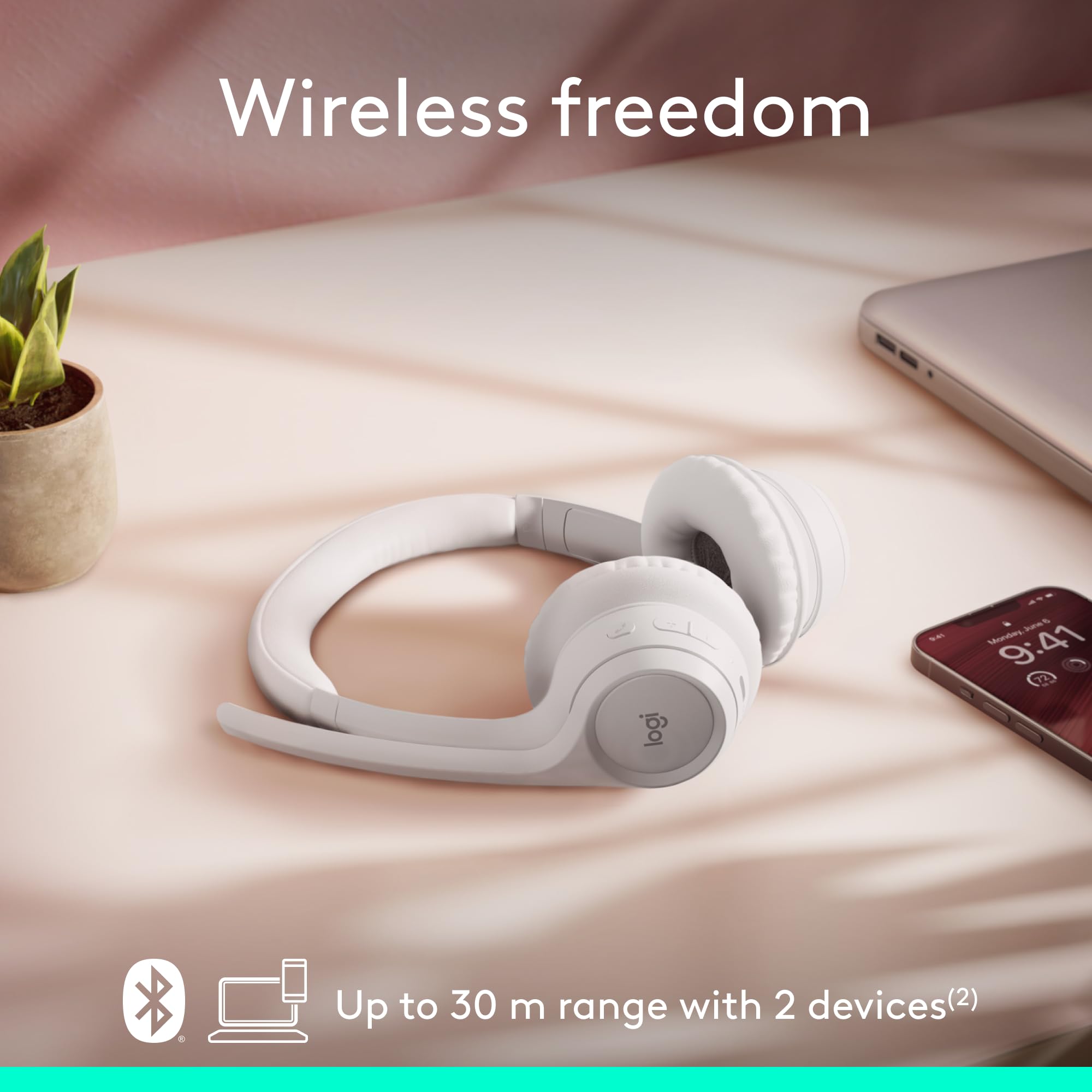 Logitech Zone 300 Wireless Bluetooth Headset with Noise-Canceling Mic - Compatible with Windows, Mac, Chrome, Linux, iOS, Android - Off-White - Perfect for Remote Work, Online Meetings & Gaming